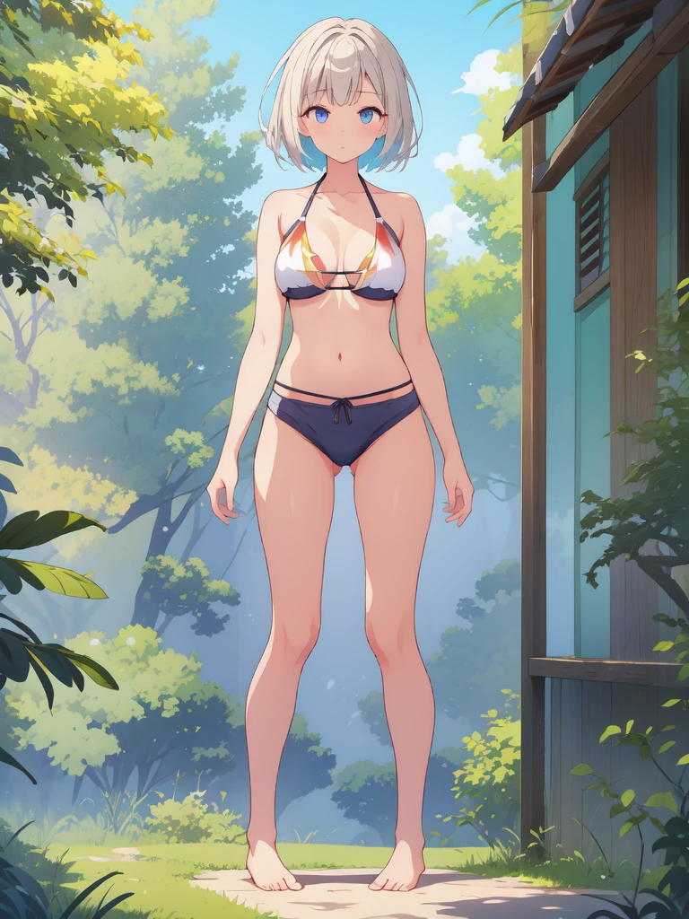 1girl、vtuber-fullbody、highest quality、Masterpiece、Official Art、The best composition、Super detailed、Standing in front of the viewer、short hair、Simple bikini、Small breasts、barefoot、Simple Background、Upright Pose、Character Design、