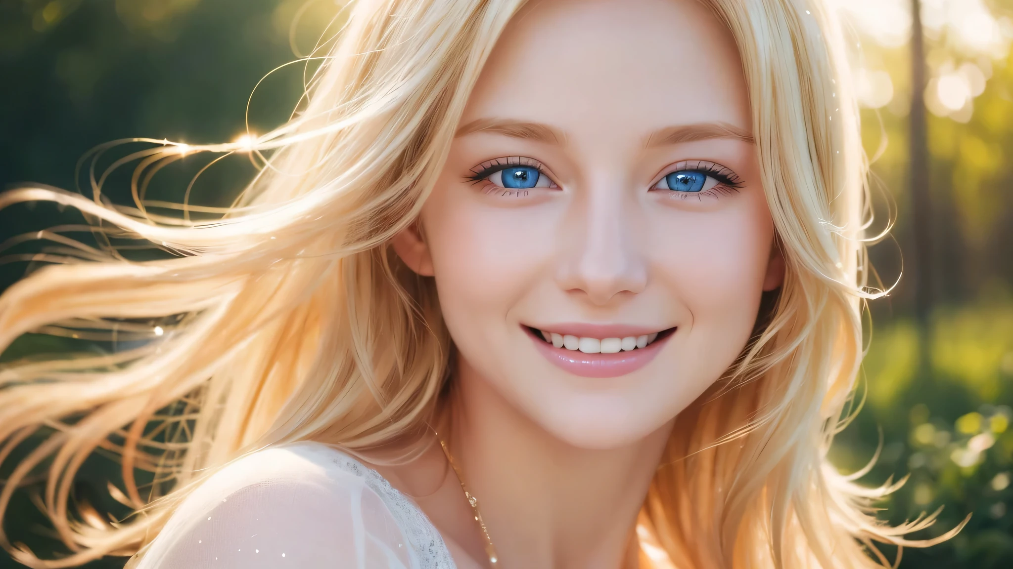 Blonde woman's face, radiant smile, sparkling blue eyes, flowing golden hair, delicate features, joyful expression, natural beauty, close-up portrait, high-resolution digital painting, soft pastel color palette, warm and inviting lighting, ethereal and dreamy atmosphere.