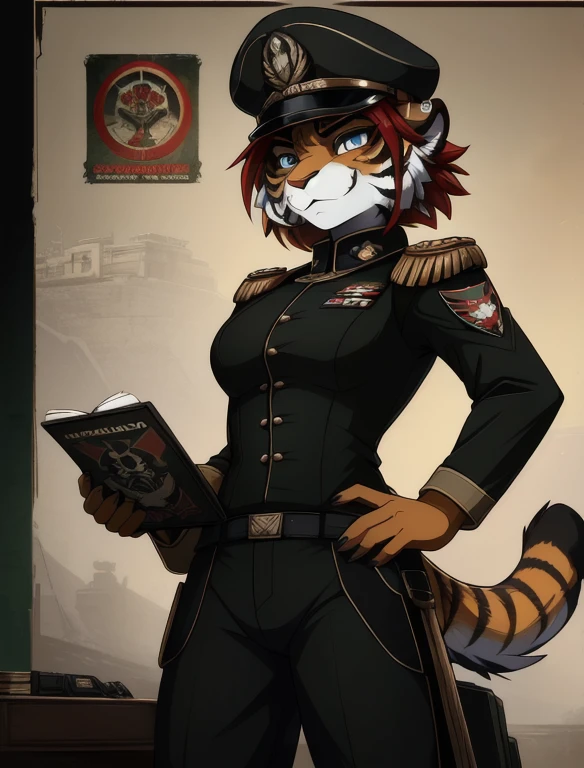 Warhammer_40 thousand_Commissar,((masterpiece)), (Best quality), (detailed), Black uniform, mascara, Eyeliner, eyeshadow, Upper body, pomade, женщина anthro furry tiger, Propaganda poster, wicked, bristle,
 (8k contract, masterpiece, Best quality, High quality, absurdity, ultra-detailed)