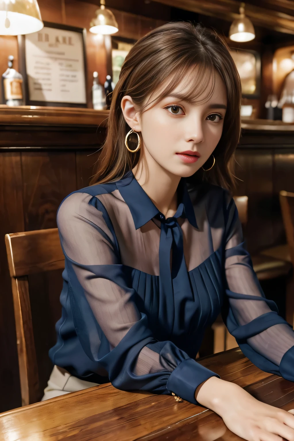 masterpiece, highest quality, Realistic, Very detailed, Finer details, High resolution, 8k wallpaper, One beautiful woman, Wear a navy blue see-through blouse, In a great pub, At night, Light brown messy hair, Perfect dynamic composition, Beautiful and beautiful eyes、Big earrings、Sitting in a chair、