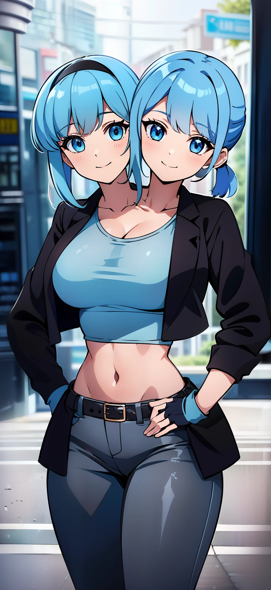 best quality, (masterpiece),(ultra-detailed), (high quality), (high resolution), ((2heads:1.5)), best quality:1.5, highres, UHD, 16K), smiling, highres, masterpiece, ((light blue hair)), ((ponytails:1.5)), long hair, hair band, blue eyes, ((cinematic particles)), grey pants, (black fingerless gloves), cowboy shot, ((black jacket over a gray crop top)), exposed midrrif