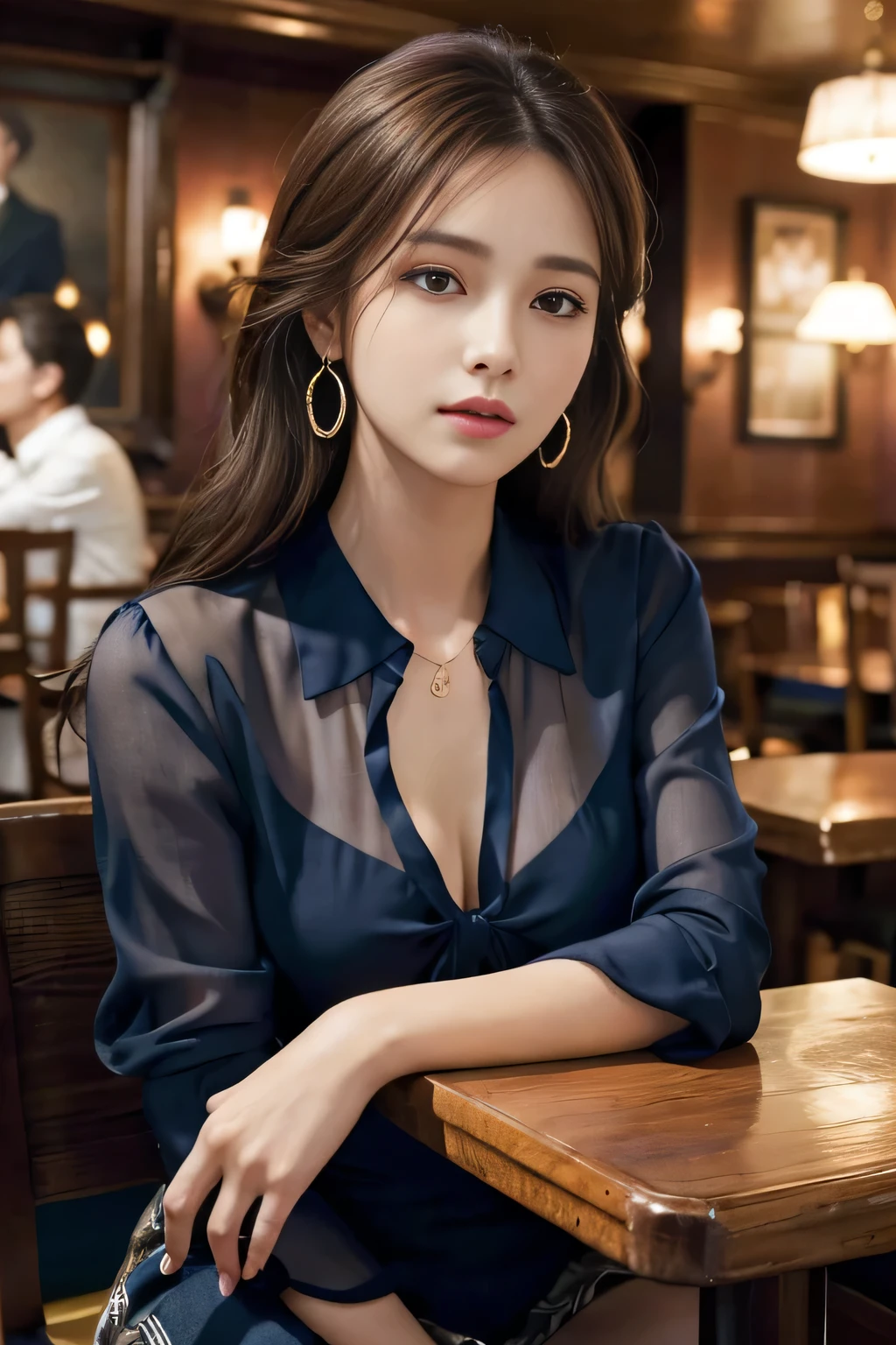 masterpiece, highest quality, Realistic, Very detailed, Finer details, High resolution, 8k wallpaper, One beautiful woman, Wear a navy blue see-through blouse, In a great pub, At night, Light brown messy hair, Perfect dynamic composition, Beautiful and beautiful eyes、Big earrings、Sitting in a chair、