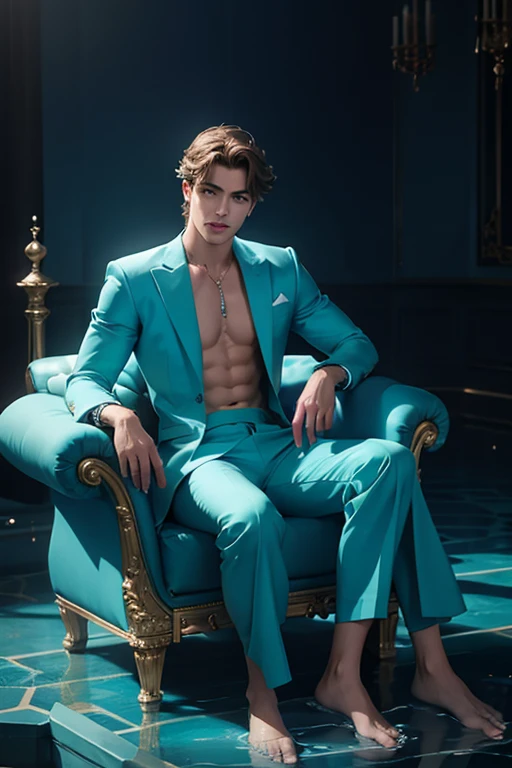Full Body photorealistic handsome Hunky Prince of Atlantis, wearing blue, aqua, cyan, teal,. Sitting on an elegant throne, water as background