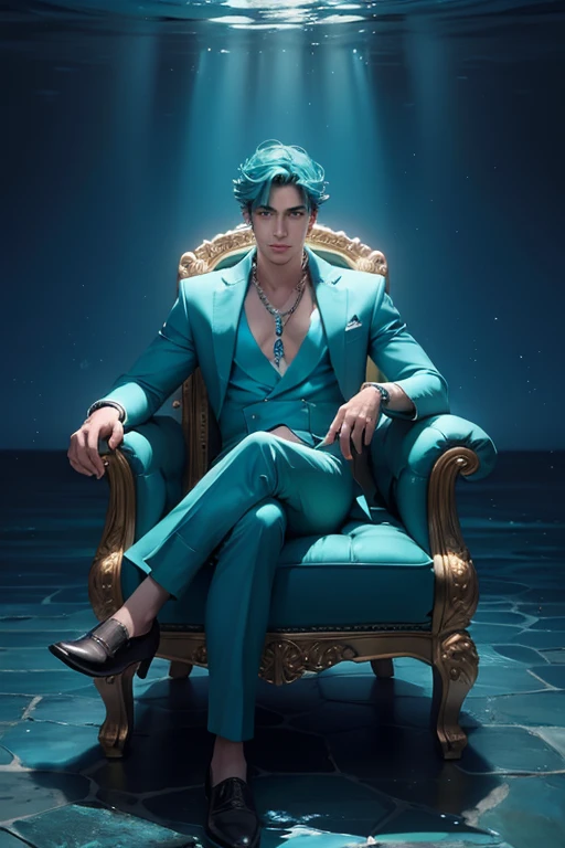 Full Body photorealistic handsome Hunky Prince of Atlantis, wearing blue, aqua, cyan, teal,. Sitting on an elegant throne, water as background 