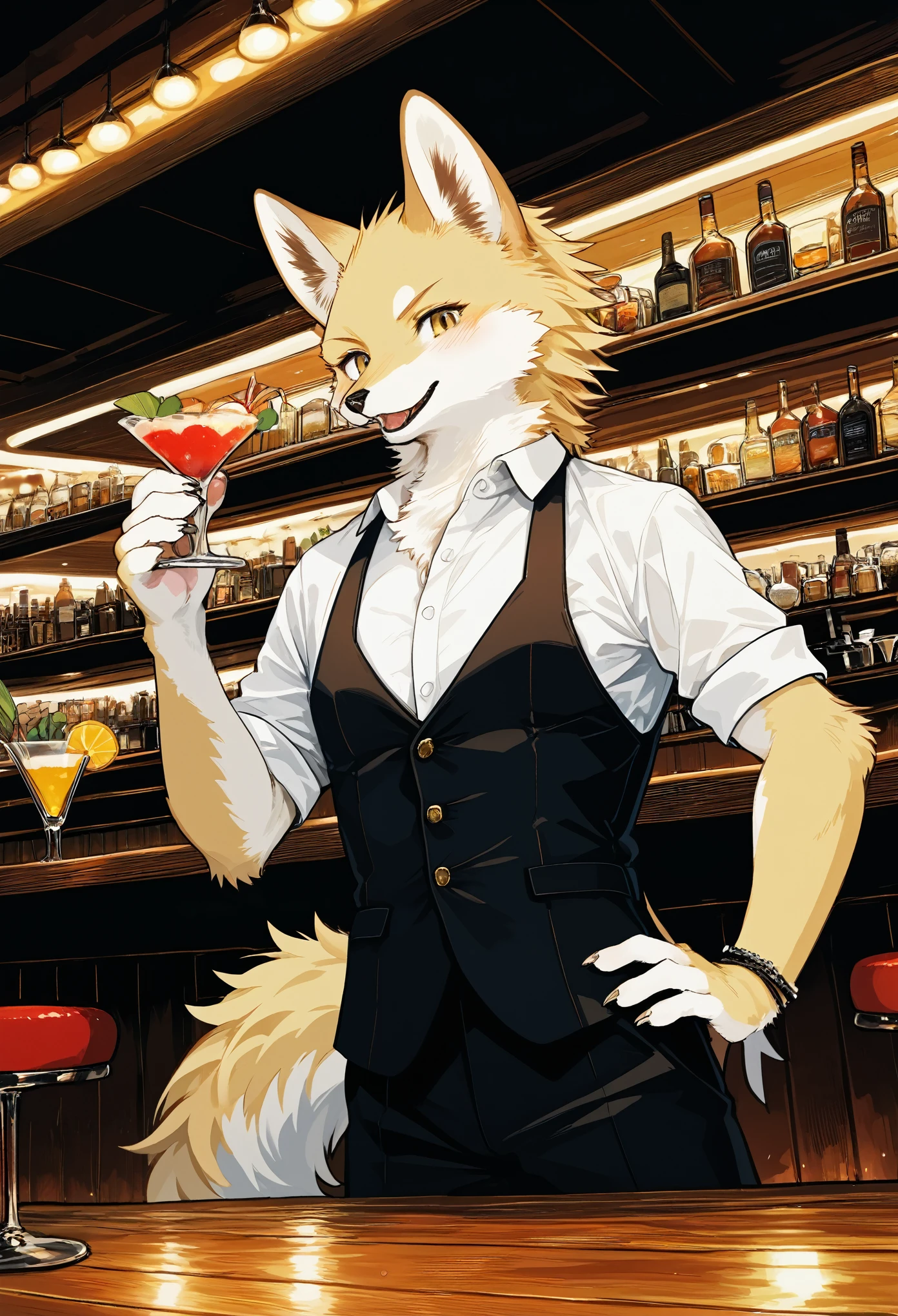 top quality, best quality, High-quality illustrations, masterpiece, super high resolution, detailed background, bartender, bar, cocktail, absurdres, perfect anatomy, expression, good lighting, cinematic shadow(kemono, furry anthro)dynamic angle,