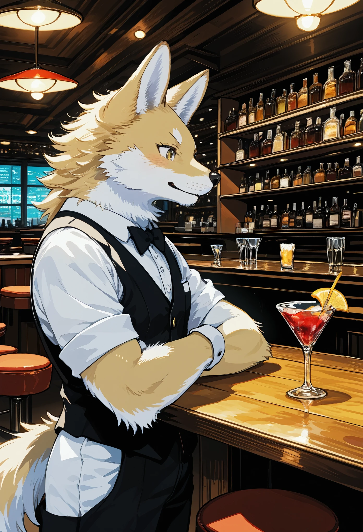top quality, best quality, High-quality illustrations, masterpiece, super high resolution, detailed background, bartender, bar, cocktail, absurdres, perfect anatomy, expression, good lighting, cinematic shadow(kemono, furry anthro)dynamic angle,