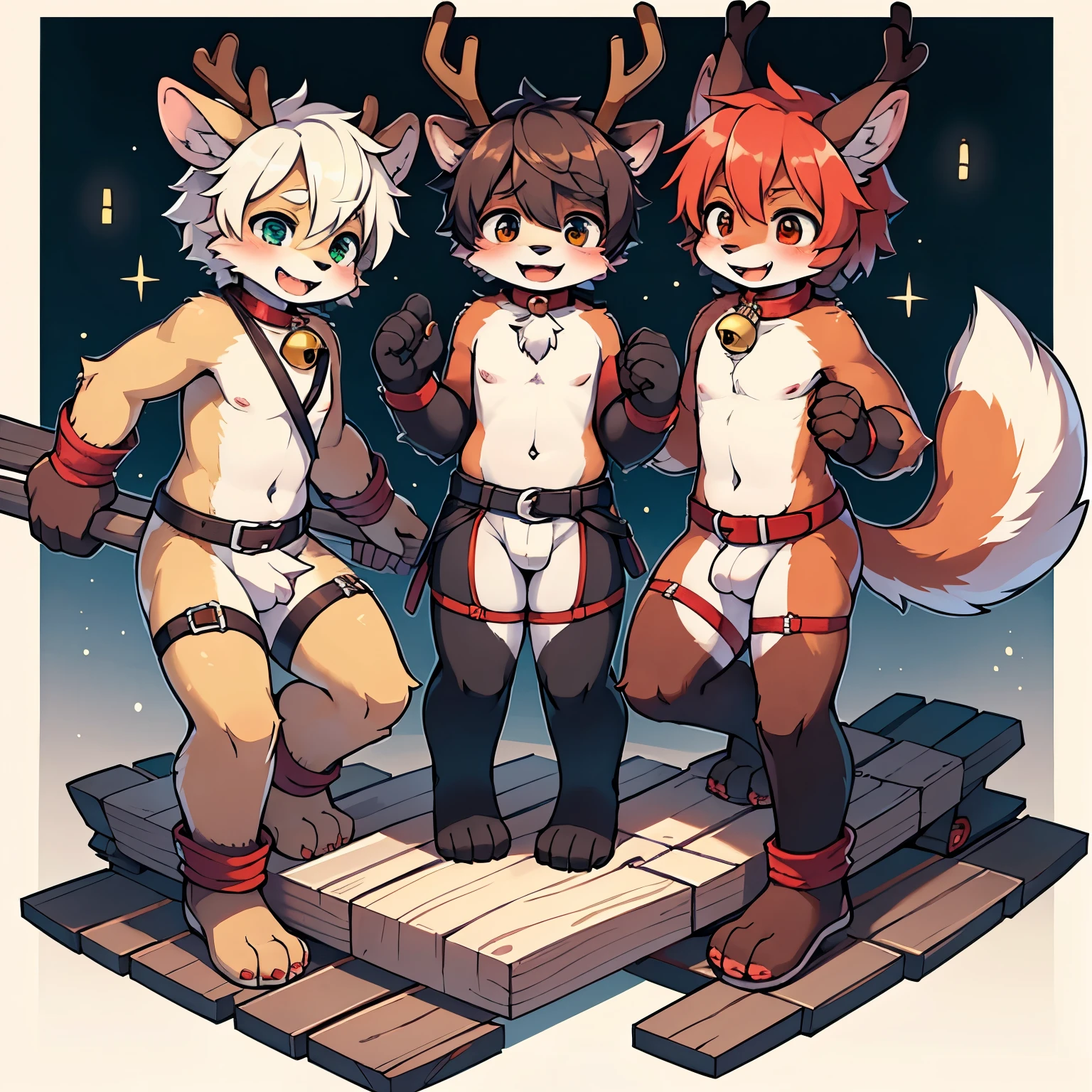 Multiple boys, furry, Cute reindeer boys, furry, running, smiling, opening mouth, wearing full body harness for sledding, topless, bottomless, red collar with a bell, preparing for sledding, 3boys, short-height squishy body, mini boys, belt, full body harness, chest harness, all fours, roped with a large wooden sledge
