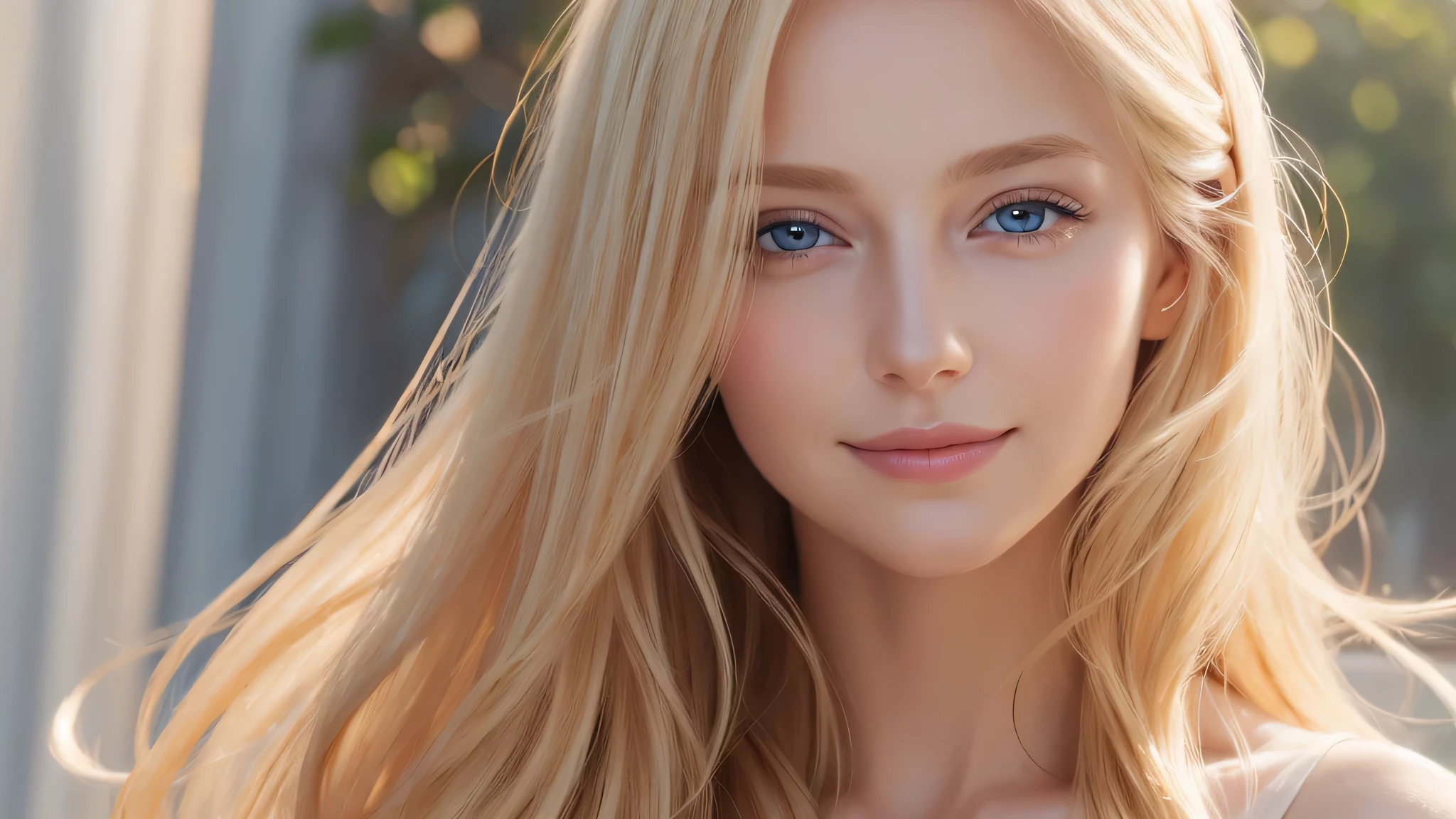Soft portrait of a beautiful blonde woman, flowing golden hair, captivating blue eyes, delicate features, radiant smile, natural makeup, elegant attire, gentle expression, subtle blush, warm skin tones, ethereal lighting, soft shadows, high-resolution digital painting, realistic style, artistic interpretation, by a skilled portrait artist