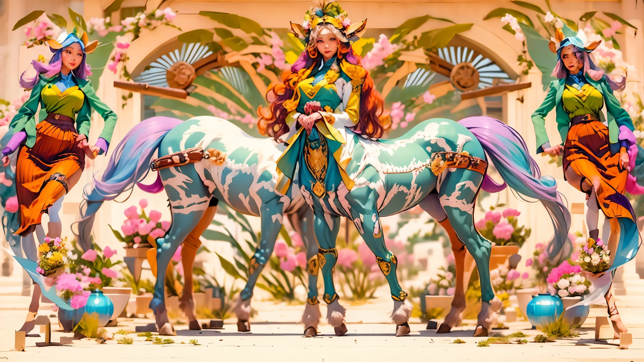 In the beautiful illustration of this super-grand scene,The ultra-distant lens shows us(More than eight distinctive and beautiful Centaur characters:2.7),Their personality、Distinctive and vivid features。from(A radiant, angelic, snow-white centaur from heaven:1.1),arrive(Nightmare-like fiery red centaur surrounded by flames:1.1)、再arrive(Green Centaur, the wind fairy dancing in the air:1.1)、再arrive有(One-horned blue centaur surrounded by lightning:1.1),arrive(A mechanical-style mecha Centaur shining with metallic light:1.1)、再arrive(A powerful dragon-shaped centaur wearing colorful dragon scale leather:1.1)、再arrive(A slender elven centaur that is graceful and agile:1.1)Gracefully wears a flower crown、arrive(Enchanting and charming Tiflin centaurs:1.1)、再arrive(A succubus centaur with an indescribably sexy feeling:1.1)。Each Centaur character fully demonstrates his unique style。The illustration uses advanced artistic techniques and tools,Use nesting、Weaving、Splicing、perspective、interlude、Montage and other artistic techniques,Divide the scene into sections by geometric arrangement,Each part corresponds to a role,from而更有效地利用了空间,Make eight centaurs exist in one picture at the same time,(The style tends to be grotesque、Hayao Miyazaki、Aesthetic、indescribable:3.3)。Through Midjourney's advanced brush tools、Color palette、Material packs和模型包、Texture tools,For each centaur, beautiful props are designed to increase racial characteristics、Clothing and physical features,Enhances the character's personality and visual appeal,(Stunning landscapes in illustrations,There are changing skies、rainbow、aurora、Stars and Moon,Incorporating iconic landmarks such as Mount Everest,and fireworks、Tranquil Lake、Natural and urban elements of waves and neon lights,Creates a magical atmosphere:1.5),Centaurs demonstrate their unique abilities and equipment in a variety of environments,This is true even in extreme alien landscapes。Use Midjourney's tools、Material packs、Texture tools、The color palette makes depicting details vivid and realistic,from复杂的发型和以及不同的种族特质、Body、Appearance features、服装arrive真实的纹理,Greatly improved the realism of the Centaurs and their surroundings,The fusion of multiple art styles adds dynamism to the character's movement at all angles,The overall visual experience is further enriched。The final illustration was described as a "masterpiece",It has the characteristics of "best quality" and "realistic",The details put into the creative process are shown、Level of creativity and craftsmanship。 hdr,(Reality,Masterpiece quality,Best quality)