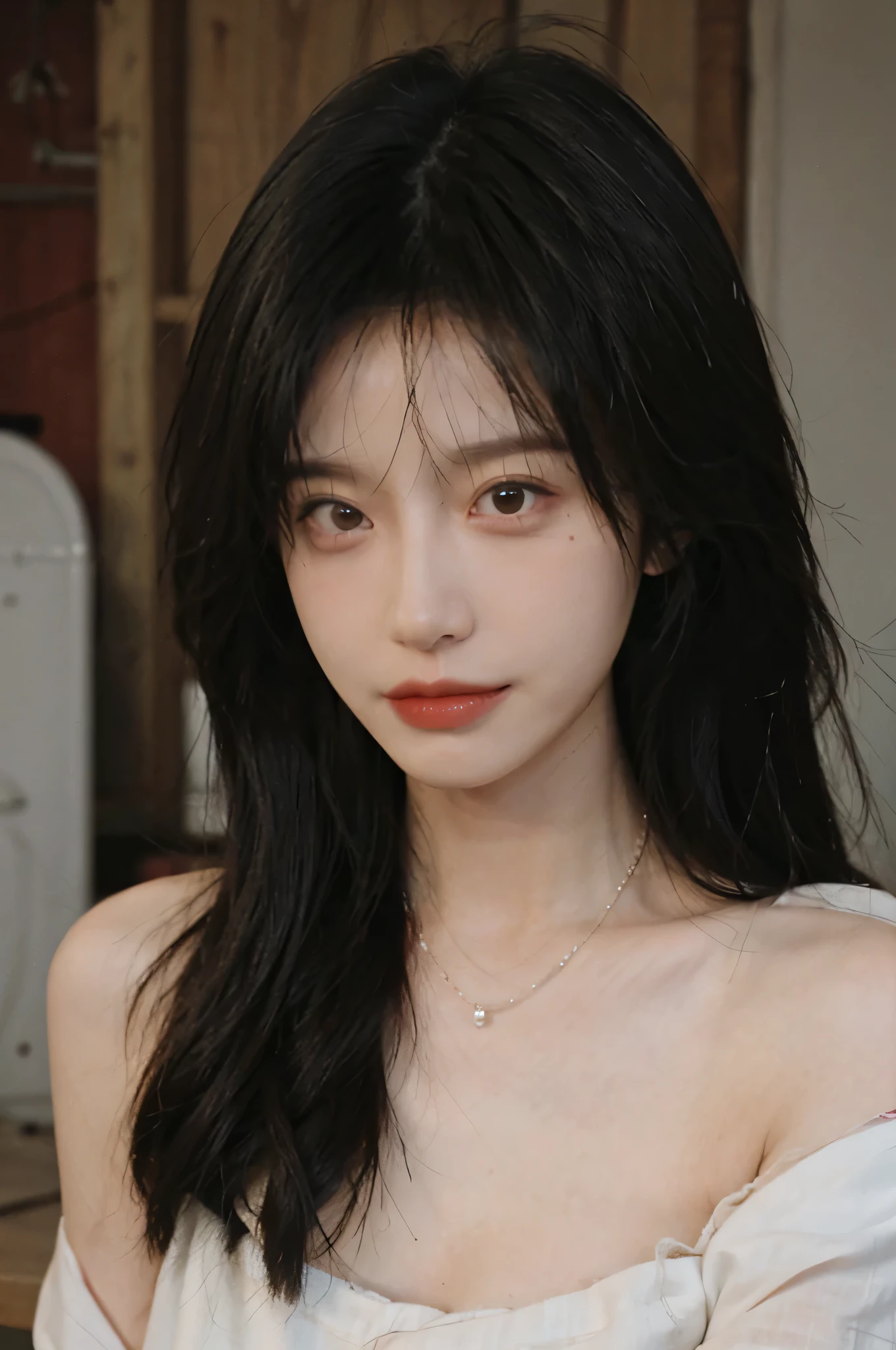 Film Portrait Photography, 1 girl, Bare shoulders,lipstick,(flat chest:1.4), Shoulder-Length Wavy Hair, Wear a necklace,Mature face,serene, calm, (Realistic and Detailed eyes, Natural skin texture, Realistic facial details), Soft dramatic lighting, Depth of Field, Bokeh, Vivid details, Detailed, Surrealism, 35 mm film, hazy,