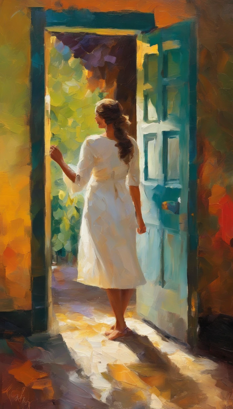 Create a promnt that has an open door and a woman in a white dress and barefoot, the weather in the background is rainy