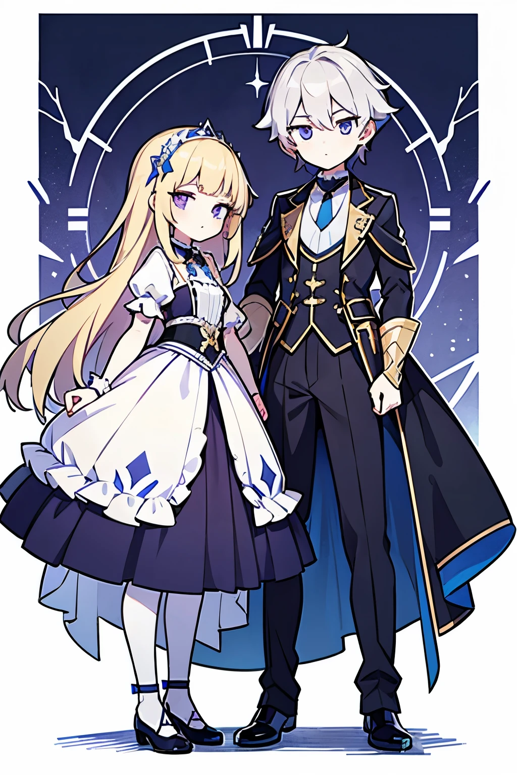 A princess with long pale blonde hair and blue eyes,A servant boy with short silver hair and purple eyes,Two people standing side by side