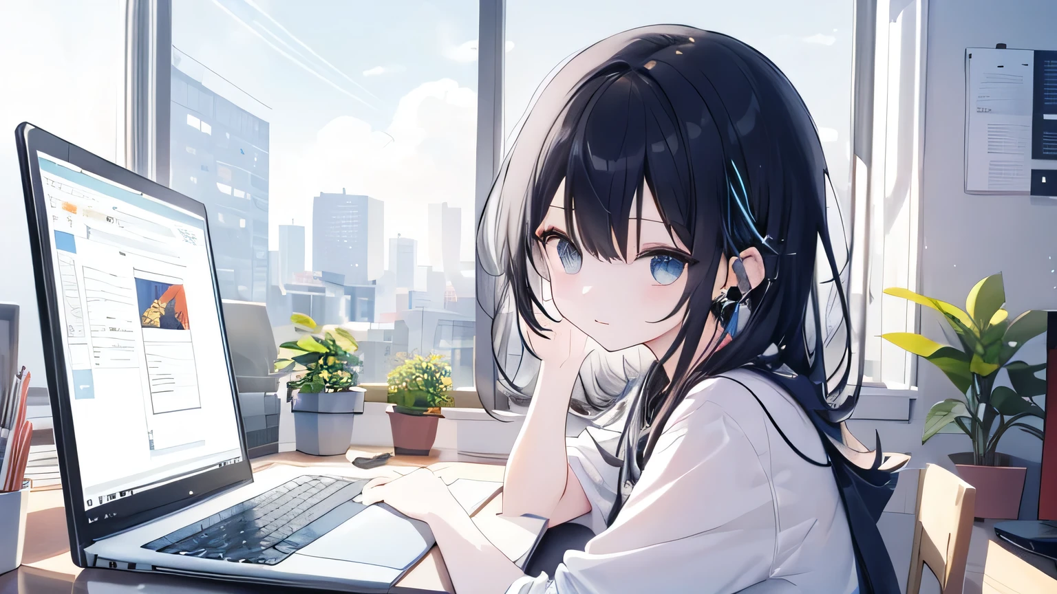 Lo-fi music vibes、Please draw me a cute anime style illustration。
Please draw an illustration of a cute girl wearing earphones..。
10 a.m.。The weather is sunny。Outside the window is a city background。Head to waist。Sitting on a chair in a coffee shop。An open laptop on a table。Working on a laptop computer while wearing earphones and looking at the monitor。Black hair color。Please draw me an illustration of a cute girl。Use pastel and soft colors、Expressing a gentle atmosphere。The light shines。
As an accent color、Use vibrant colors。
Keep the color wheel in mind、Maintain a consistent color scheme。