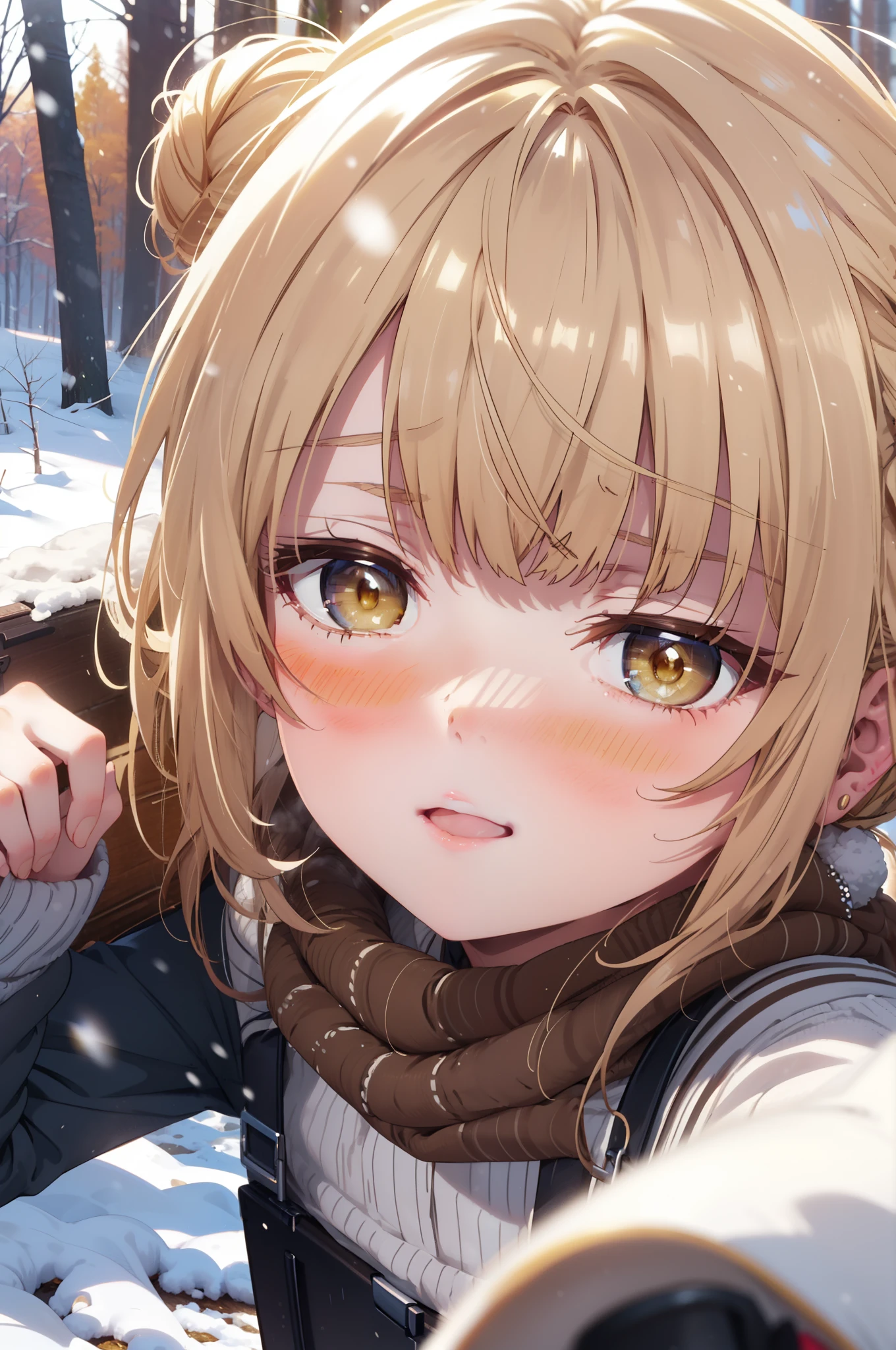 This is Mahirushiina, Mahiru shiina, blonde, (Brown eyes:1.7), Long Hair, happy smile, smile, Open your mouth,Hair Bun, single Hair Bun,blush,White Breath,
Open your mouth,snow,Ground bonfire, Outdoor, boots, snowing, From the side, wood, suitcase, Cape, Blurred, Increase your meals, forest, White handbag, nature, Squat, Mouth closed, フードed Cape, winter, Written boundary depth, Black shoes, red Cape break looking at viewer, Upper Body, whole body, break Outdoor, forest, nature, break (masterpiece:1.2), highest quality, High resolution, unity 8k wallpaper, (shape:0.8), (Beautiful and beautiful eyes:1.6), Highly detailed face, Perfect lighting, Extremely detailed CG, (Perfect hands, Perfect Anatomy),