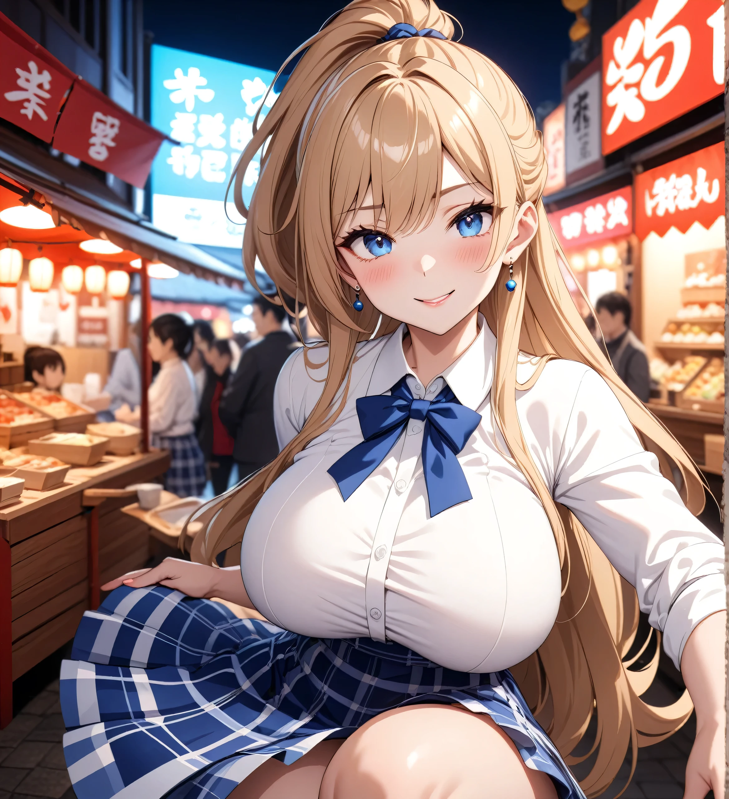 ((One girl)), Beautiful smile,Blushing,Close your mouth,Glossy Lips,Abstract, night,Japan festival stalls, masterpiece, highest quality, so beautiful, Absurd, up to date, Complex details, Pink long nails,AI-generated, Complex,High resolution, highest quality, super high quality,3D Images、View the viewers、3D Images,one person,Long Blonde Hair,High Ponytail,blue eyes,Anime girl posing for photo, [[Fine grain、Colorful eyes、Shining Eyes:1.15]],(Squint your eyes:1.1),a hyperRealistic , hyperRealistic , Realistic , blonde anime girl with long hair, Smooth anime CG art, Beautiful anime school girl,White long sleeve blouse,Blue checked skirt,Big blue chest ribbon, Earrings,(Large Breasts:1.3),Mature Body,tall,Fine details,Abdominal muscles,(Get angry),Tilt your face,