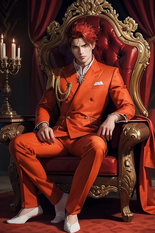 Full Body photorealistic handsome Hunky Prince of Blaze, wearing red, orange, scarlet, marron ,. Sitting on an elegant throne, fire as background 