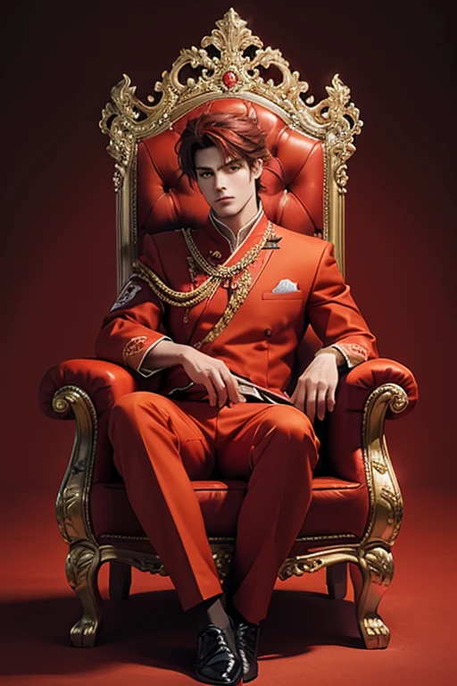 Full Body photorealistic handsome Hunky Prince of Blaze, wearing red, orange, scarlet, marron ,. Sitting on an elegant throne, fire as background