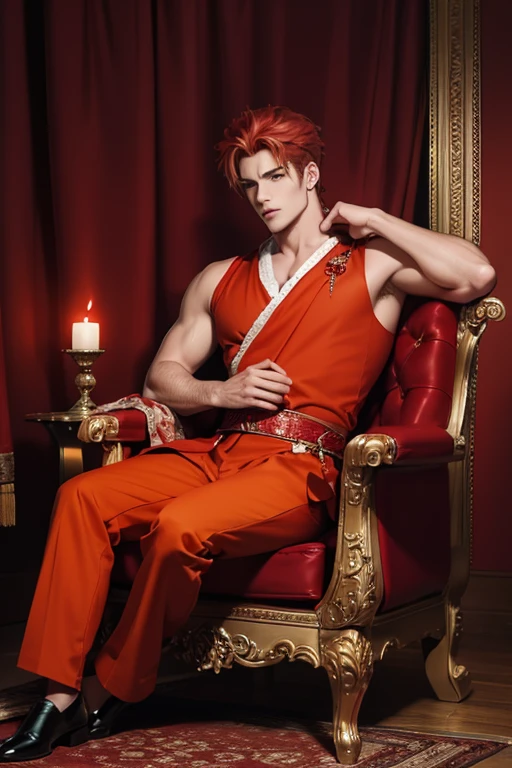 Full Body photorealistic handsome Hunky Prince of Blaze, wearing red, orange, scarlet, marron ,. Sitting on an elegant throne, fire as background 