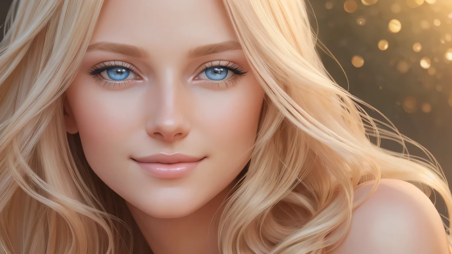 Soft portrait of a beautiful blonde woman, flowing golden hair, captivating blue eyes, delicate features, radiant smile, natural makeup, elegant attire, gentle expression, subtle blush, warm skin tones, ethereal lighting, soft shadows, high-resolution digital painting, realistic style, artistic interpretation, by a skilled portrait artist, ArtStation showcase.