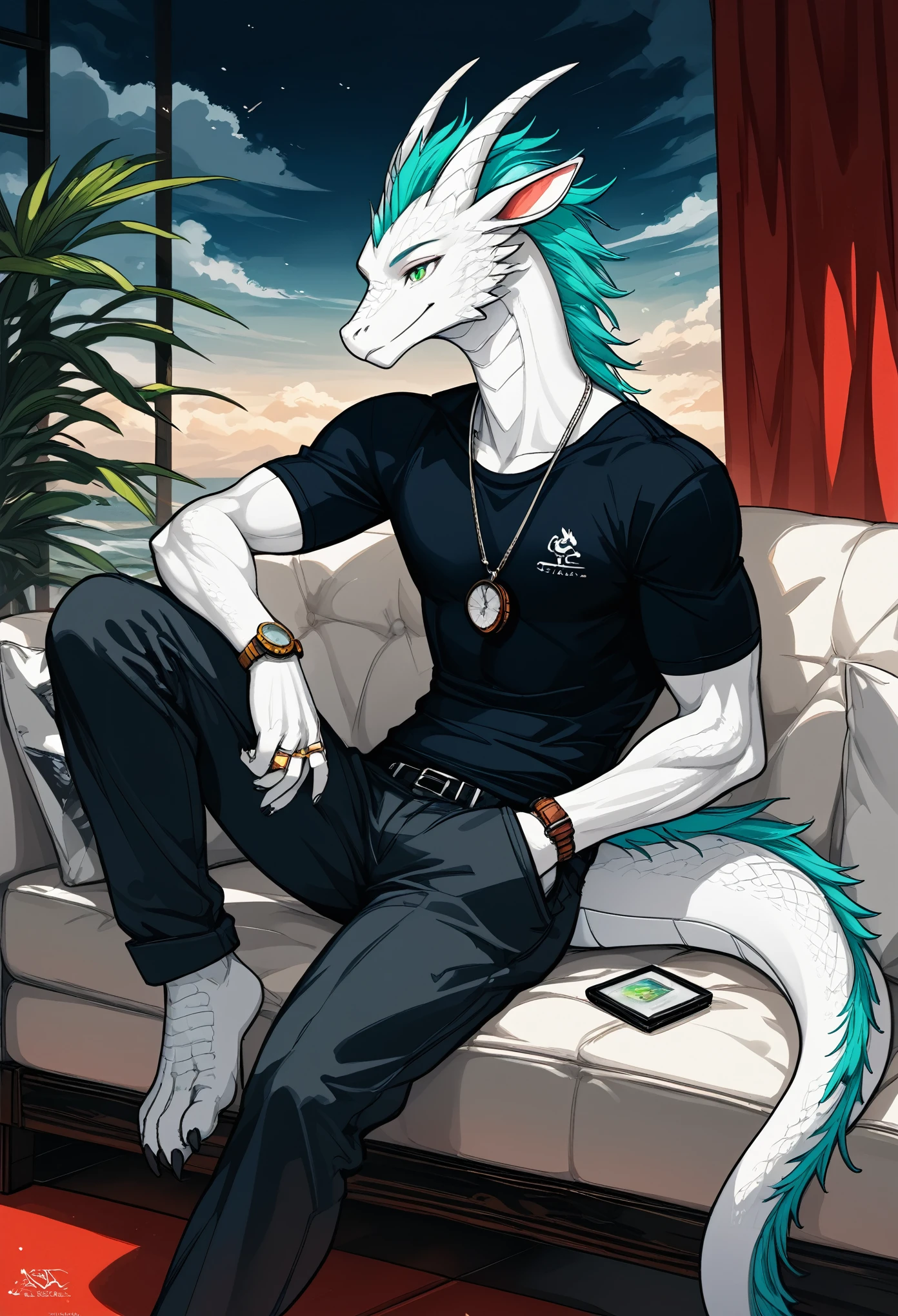 Oriental White Dragon(species),Casual attire,Deep green eyes,toned figure,Overcast personality,Holding a pocket watch,sitting in the couch,Holding a ring