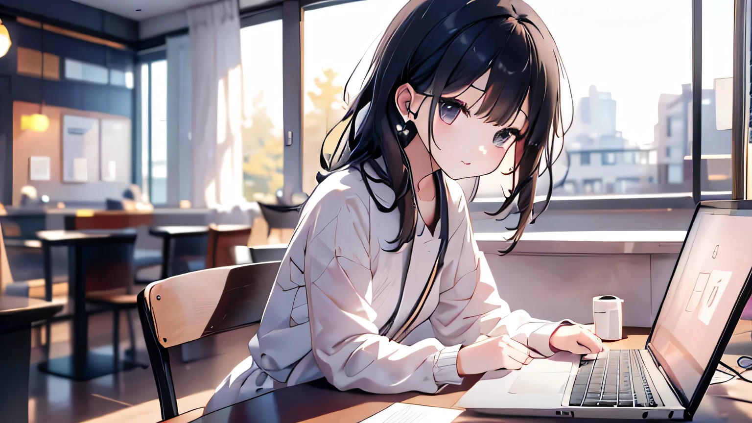 Lo-fi music vibes、Please draw me a cute anime style illustration。
Please draw an illustration of a cute girl wearing earphones..。
10 a.m.。The weather is sunny。Outside the window is a city background。Head to waist。sitting on a chair in a cafe。An open laptop on a table。Working on a laptop computer while wearing earphones and looking at the monitor。Black hair color。Please draw me an illustration of a cute girl。Use pastel and soft colors、Expressing a gentle atmosphere。The light shines。
As an accent color、Use vibrant colors。
Keep the color wheel in mind、Maintain a consistent color scheme。