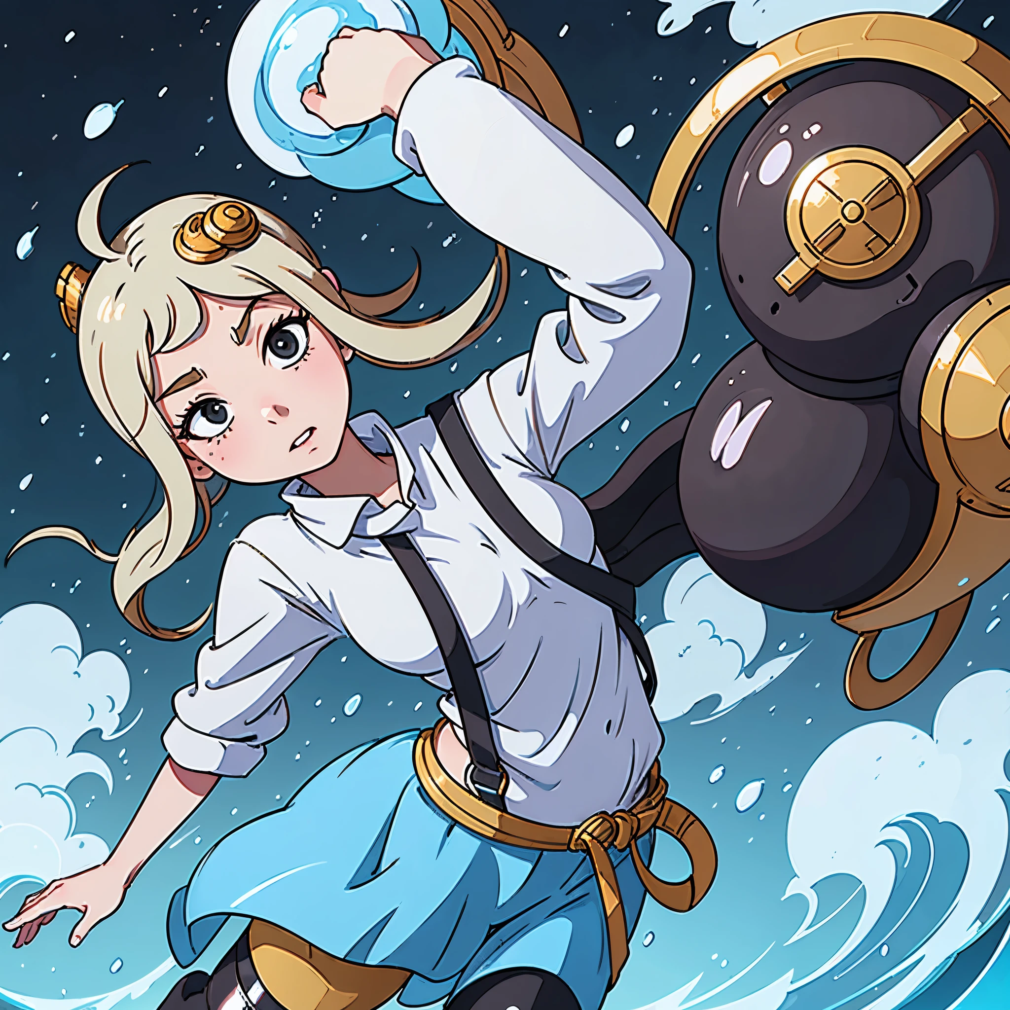 nami from one piece wearing a small opaque glass LAMA helmet, wearing black smooth latex, flying up into air due to many ballons tied around a fullbody harness. All ballons are above nami. Small metal air tank on nami's back connected to her helmet. Fullbody.