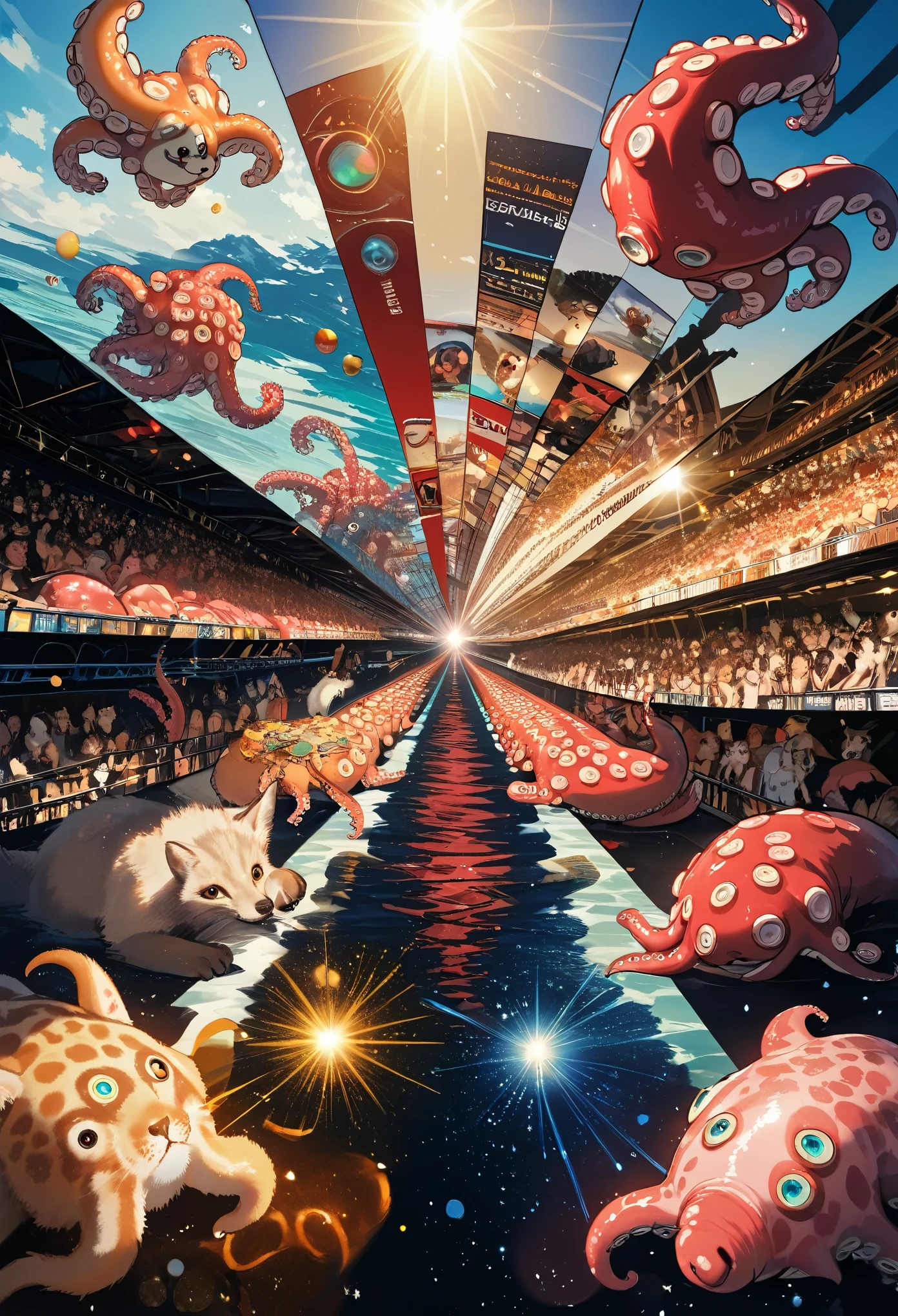 top quality, best quality, High-quality illustrations, masterpiece, super high resolution, detailed background, seeside((movie of octopus creatures and human )), 6+boys, 6+girls, absurdres(highly detailed beautiful face and eyes)perfect , expression, caustics, light rays, dynamic lighting, light particles, lens flare, cinematic shadow(kemono, furry anthro)assorted poses, dynamic angle,