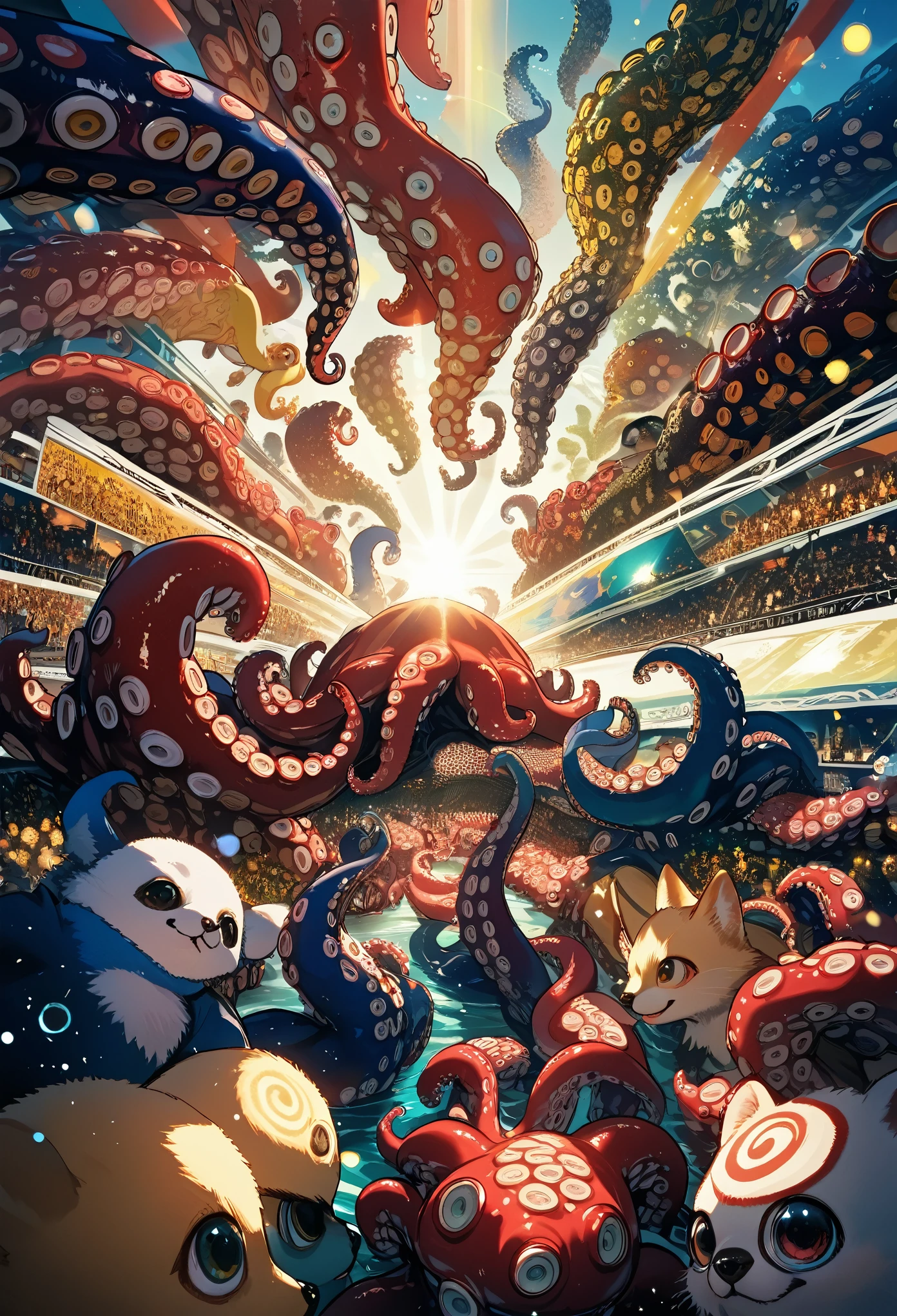 top quality, best quality, High-quality illustrations, masterpiece, super high resolution, detailed background, seeside((movie of octopus creatures and human )), 6+boys, 6+girls, absurdres(highly detailed beautiful face and eyes)perfect anatomy, expression, caustics, light rays, dynamic lighting, light particles, lens flare, cinematic shadow(kemono, furry anthro)assorted poses, dynamic angle,