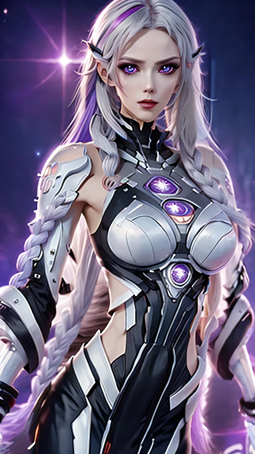 Complex 3D RendeRing ,Beautiful poRcelain contouRed mechanical female,a girl back-to-back looking at the viewer,yinji , purple hair,purple eyes,very long hair,grey hair,double braid,gradient hair, cyboRg, integRated ciRcuit paRts, Rim light, VibRant details, LuxuRy CybeRpunk, Lace, hypeRPractical, Anatomy, cable wiRes, micRochip, elegant, beautiful StaRRy Sky backgRound, octane RendeRing, H. R. FixtuRe style, 8K, best quality, masteRpiece, illustRation, extRemely delicate and beautiful, VeRy detailed ,CG ,Unite ,wallpapeR, Astonishing, Fine details, SilveR ead