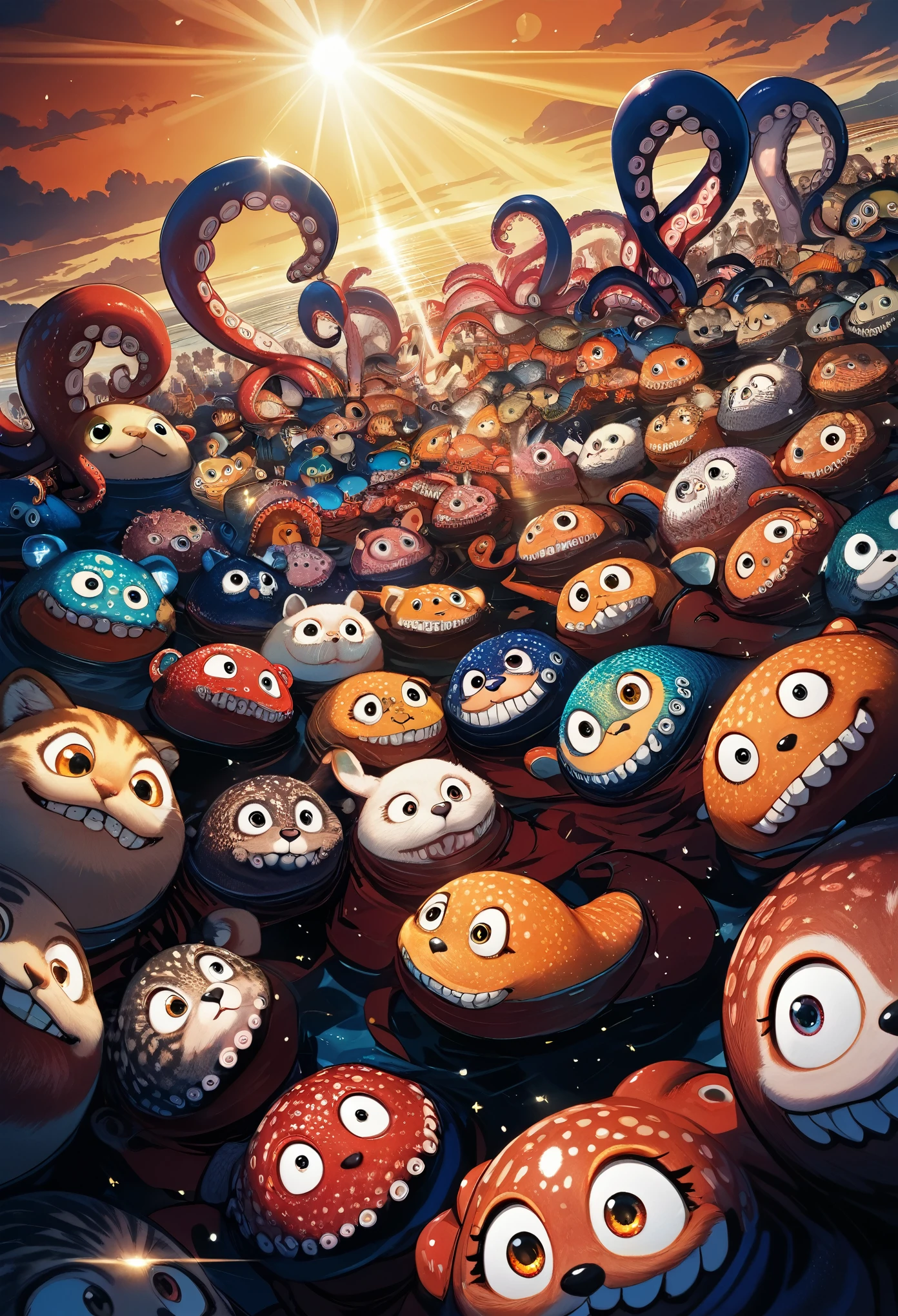 top quality, best quality, High-quality illustrations, masterpiece, super high resolution, detailed background, seeside((movie of octopus creatures and human )), 6+boys, 6+girls, absurdres(highly detailed beautiful face and eyes)perfect anatomy, expression, caustics, light rays, dynamic lighting, light particles, lens flare, cinematic shadow(kemono, furry anthro)assorted poses, dynamic angle,