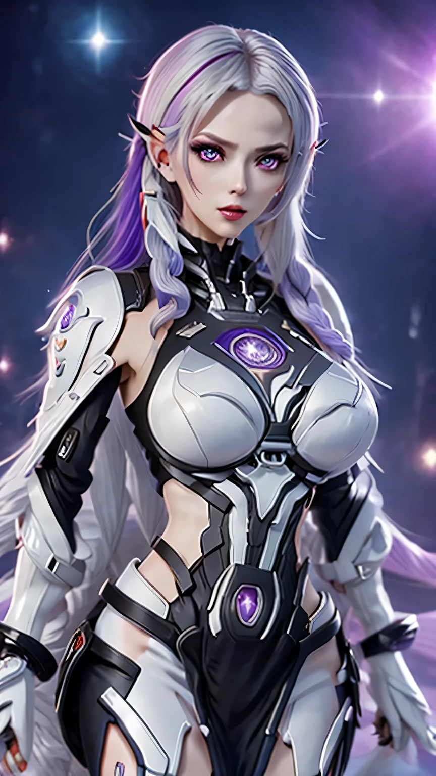 Complex 3D RendeRing ,Beautiful poRcelain contouRed mechanical female,a girl back-to-back looking at the viewer,yinji , purple hair,purple eyes,very long hair,grey hair,double braid,gradient hair, cyboRg, integRated ciRcuit paRts, Rim light, VibRant details, LuxuRy CybeRpunk, Lace, hypeRPractical, Anatomy, cable wiRes, micRochip, elegant, beautiful StaRRy Sky backgRound, octane RendeRing, H. R. FixtuRe style, 8K, best quality, masteRpiece, illustRation, extRemely delicate and beautiful, VeRy detailed ,CG ,Unite ,wallpapeR, Astonishing, Fine details, SilveR ead