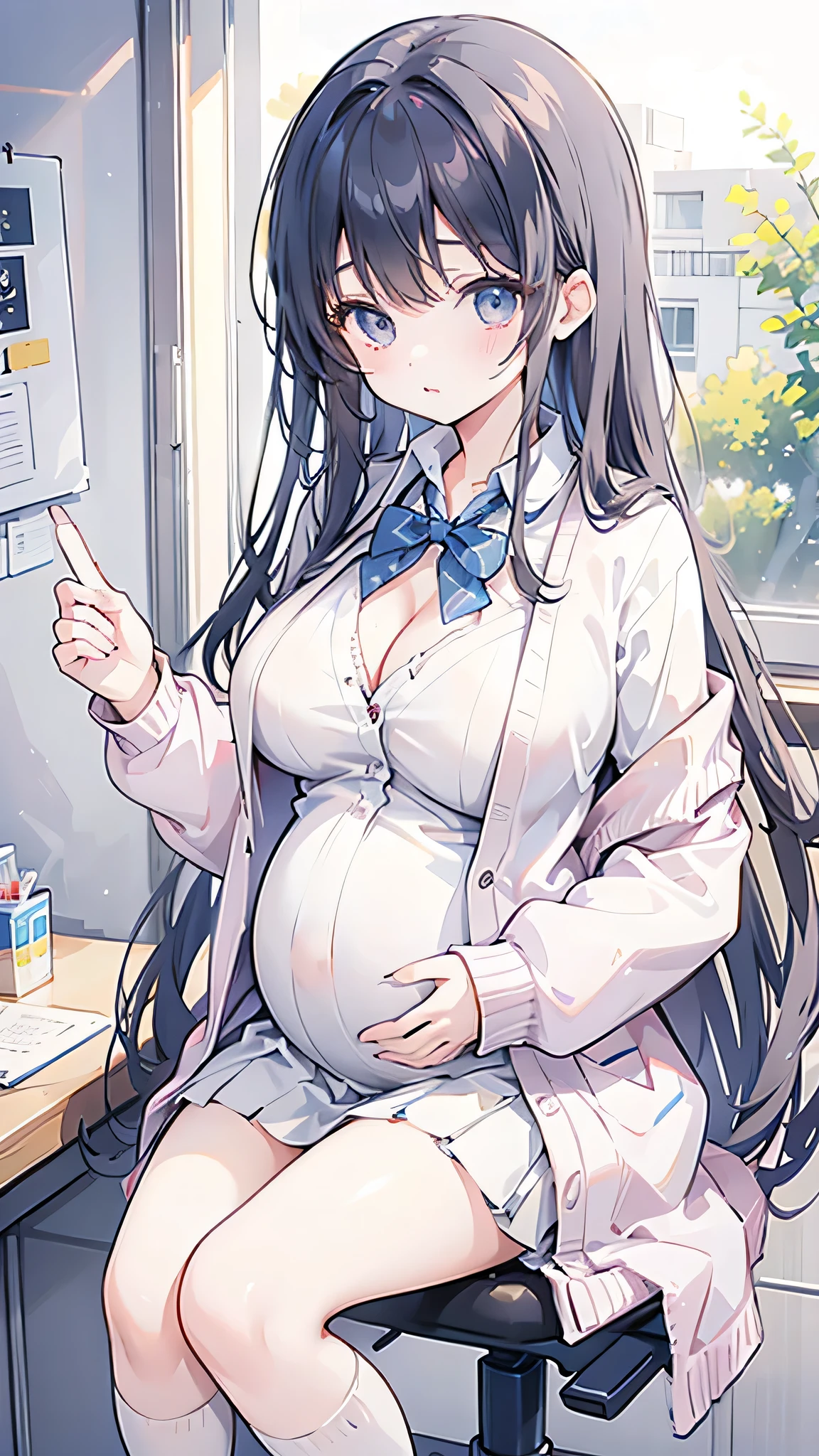 high school girl、uniform、girl、cute、pregnancy、Big Breasts、cardigan、I can see my cleavage.