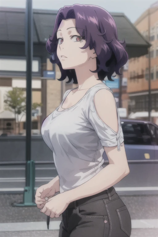 masterpiece, (best quality), 1woman, ,hamaoka_azusa, purple hair , medium hair,sexy woman, casual clothes,best quality , vibrant colors ,natural lighting ,RTX, big breasts, beautiful, (detailed face:1.2), showcase, (beautiful eyes) ,(photorealistic:1.1), 8k uhd, looking a viewer, simple backround