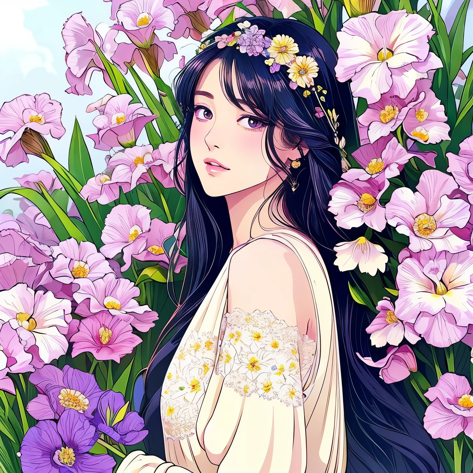 満開のGerman Irisの花に囲まれた、美しくVoluptuousな女性を描いてください。She poses with grace and confidence.、「Voluptuous」This flower embodies the flower language of。The scene is filled with rich colors and detailed floral elements.、The woman wears a flowing dress that matches the iris flower。Her expression is calm and warm。
Hand-drawn style illustrations A single flower with its petals open「German Iris」Image of a woman in