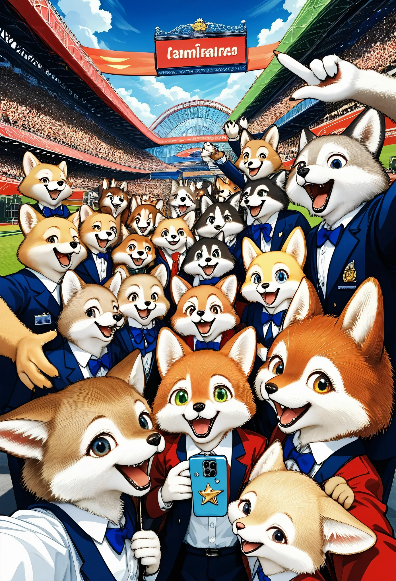 top quality, best quality, High-quality illustrations, masterpiece, super high resolution, detailed background, detailed background, An amusement park, Disneyland, group shot:0.5, 6+boys, 6+girls, Happy, joyful, absurdres(highly detailed beautiful face and eyes)perfect anatomy(Photos taken with friends)(kemono, furry anthro)selfie:0.5,