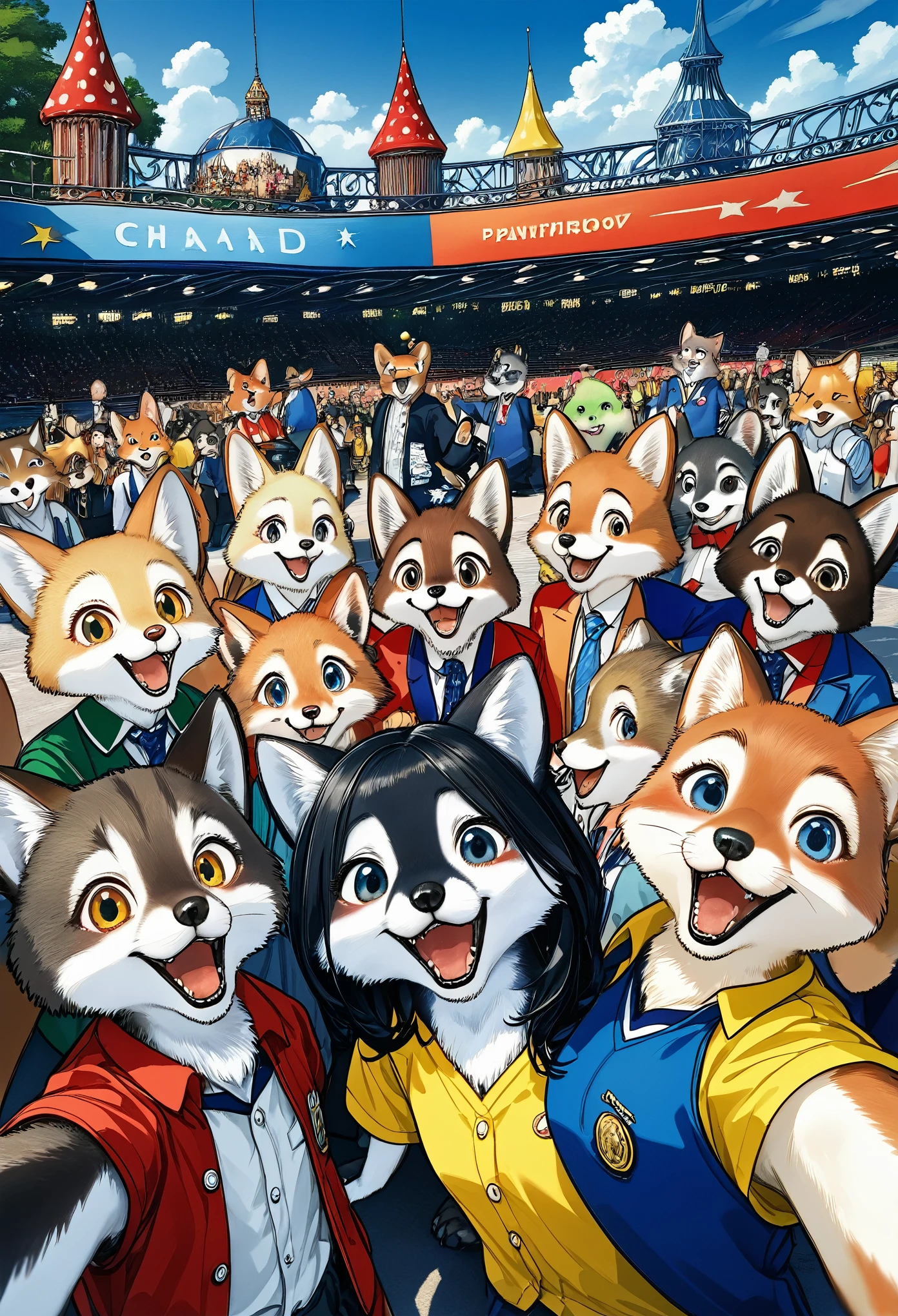 top quality, best quality, High-quality illustrations, masterpiece, super high resolution, detailed background, detailed background, An amusement park, Disneyland, group shot:0.5, 6+boys, 6+girls, Happy, joyful, absurdres(highly detailed beautiful face and eyes)perfect anatomy(Photos taken with friends)(kemono, furry anthro)selfie:0.5,