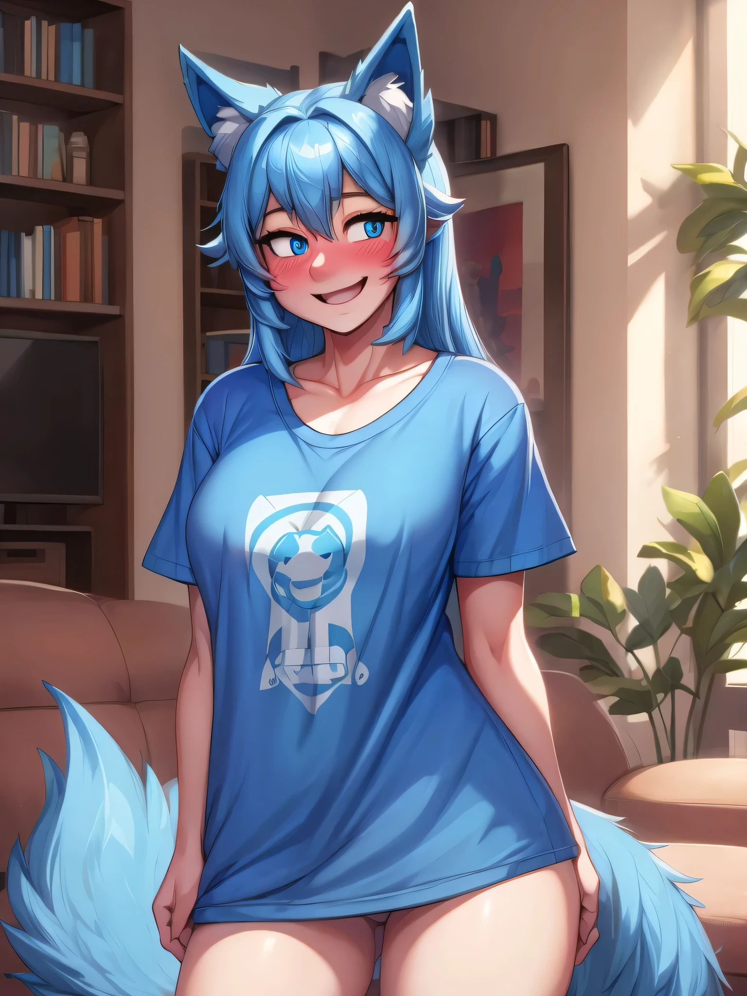 (Masterpiece) (High Detail) (High Res) A short slim humanoid girl with pale human skin and blue eyes and long blue hair and blue dog ears and a fluffy blue dog tail and medium breasts. She is stood in a living room and is wearing only a large oversized baggy t-shirt. She looks happy. She is blushing.