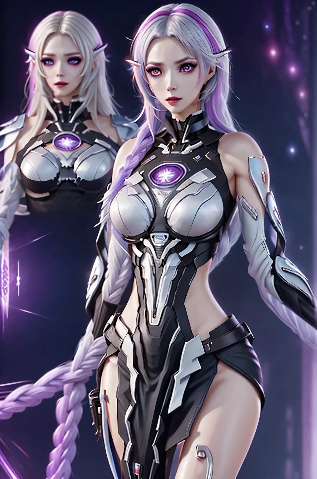 Complex 3D RendeRing ,Beautiful poRcelain contouRed mechanical female,Two girls back-to-back looking at the viewer,yinji , purple hair,purple eyes,very long hair,grey hair,double braid,gradient hair, cyboRg, integRated ciRcuit paRts, Rim light, VibRant details, LuxuRy CybeRpunk, Lace, hypeRPractical, ???????, cable wiRes, micRochip, elegant, beautiful StaRRy Sky backgRound, octane RendeRing, H. R. FixtuRe style, 8K, best quality, masteRpiece, illustRation, extRemely delicate and beautiful, VeRy detailed ,CG ,Unite ,wallpapeR, Astonishing, Fine details, SilveR ead