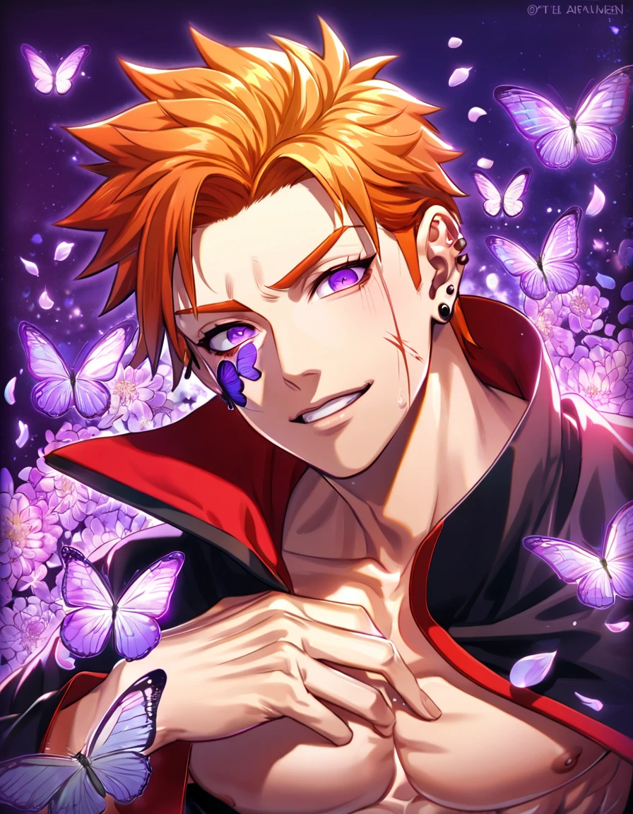 absurdres, highres, ultra detailed, HDR, master piece, best quality, Pain, orange hair, expressive purple eyes, Naruto Shippuden, solo, sexy man, handsome, toned chest, black coat, akatsuki, black piercings on the face, ear piercings, purple butterflies, petals, purple flowers, magical, fantasy, glittering, purple background