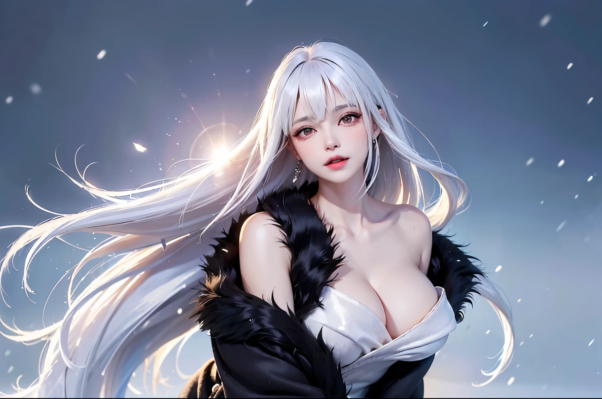 ((masterpiece:1.5、8k、Tabletop、フォトリアリスティックでVery detailedなCG、Very detailed、Particle Effects、Dynamic Effects、Written boundary depth、Cinematic Light、Lens flare、Ray Tracing、Tabletop、Realistic:1.4、超A high resolution:1.2、Realistic、Realistic))((alone、,A woman wearing a black fur coat over an off-the-shoulder sweater:1.4、Elegant woman posing:、Detailed face、bright表情、young, bright, Whiter skin、Ample breasts、Best Looks、Ultimate beauty、White hair with shiny highlights、Bright and shiny hair,、Super long, Silky straight hair、Hair dancing in the wind))(morning、The setting is outdoors in the snow、Crystal of snow)