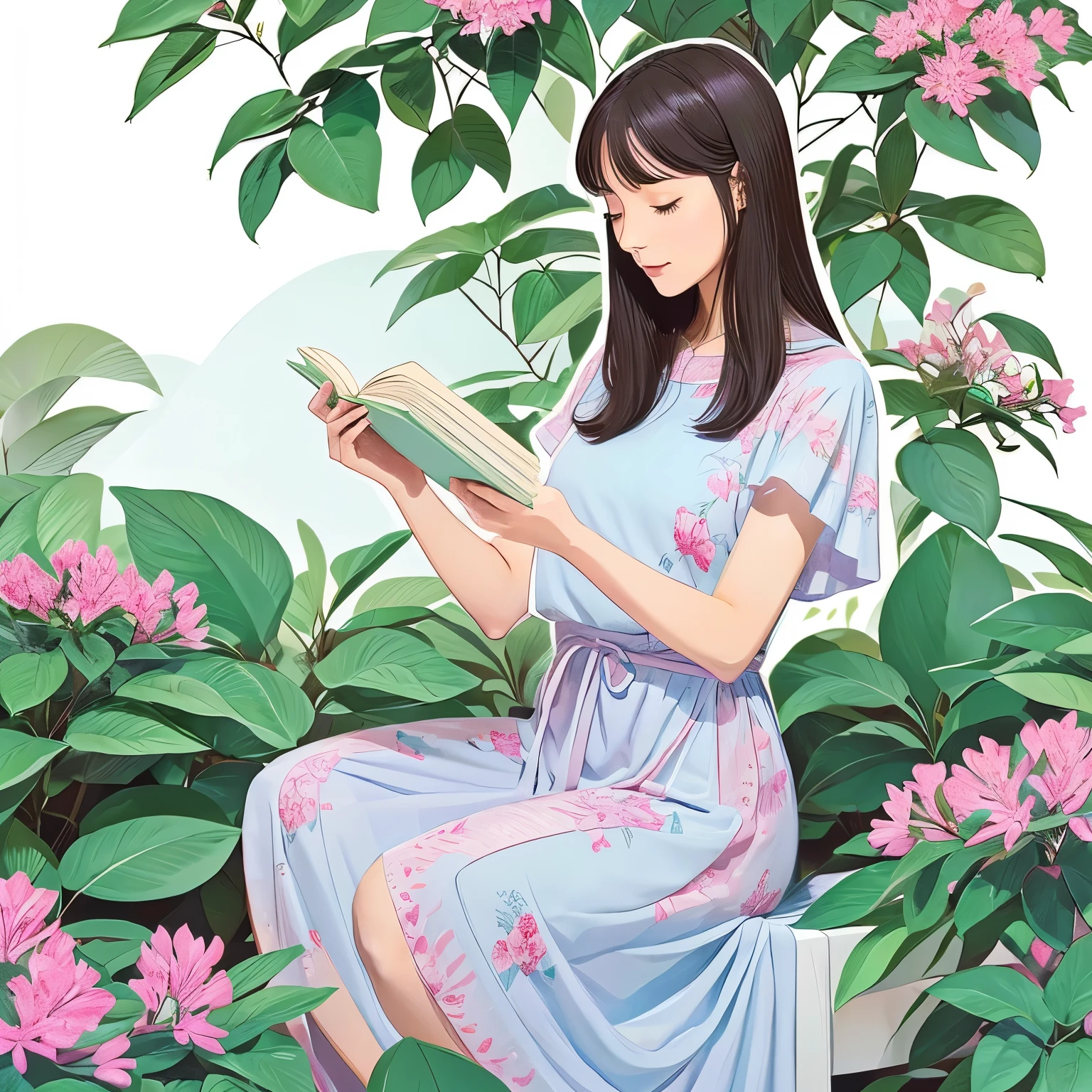 Create an illustration of a woman embodying the concept of a "restrained lifestyle." She should appear calm, composed, and elegant, reflecting self-discipline and balance. She might be engaging in an activity that symbolizes moderation, such as practicing yoga, reading a book, or tending to a garden. Include elements of nature, especially Mitsuba Tsutsuji (Rhododendron dilatatum), to symbolize her connection to the flower. The overall color palette should be soft and tranquil, using hues that suggest calmness and serenity. Like a hand-drawn illustration　Image of a woman inside a single Mitsuba Azalea flower with its petals open