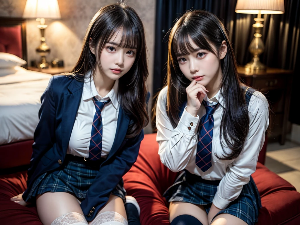 (8K, Raw photography, top-quality, masterpiece:1.2), master piece, best quality, illustration, Super detailed, fine details, High resolution, 8K,wall paper, perfect dynamic composition,(Details High quality, realistic depiction of eyes:1.3), ((2 girls, 2 schoolgirls)), The background is a luxury hotel room、High school girl uniform、blazer 、Super Short Check Uniform Skirt、Navy blue high socks、garterbelts、Colossal tits、Disturbed uniform, Play with each other,Touching each other's bodies,Touching the body of the girl next door, short bob hair, black hair color, huge breasts, Big Natural Color Lip, bold sexy pose, (perfect body shape), crying a little、cold gaze, Beautiful makeup,glitter makeup,Cutest 18 years old, beautiful legs, hposing Gravure Idol, Voluptuous thighs