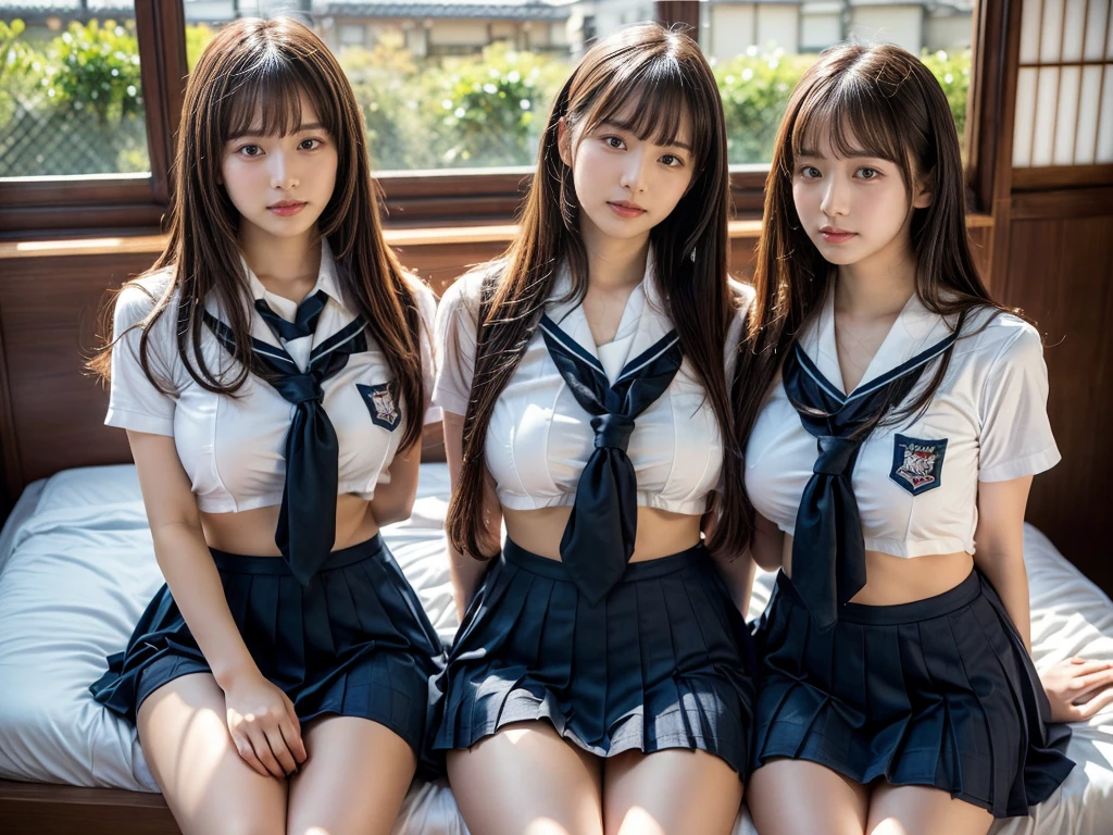 (RAW photo, 4k, masterpiece, high resolution, extremely complex) (realistic: 1.4), cinematic lighting
 ((2 girls, 2 schoolgirls)),Slam Dunk's,blushing,((innocent)),bright eyes,round eyes,blunt bangs,(straight hair:1.3),black hair,large breasts,wide hips,Summer Noon, ,Hot, (Best Quality), (Highres), (an Extremely Delicate and Beautiful),(Beautiful 8k face),(Brown eyes),short bob hair,( spectators),(gigantic breasts),(Play with each other,Touching each other's bodies,Touching the body),(Japanese high school uniform:1.3),blue skirt,(reality),bright lighting,(The background is a luxury hotel room)