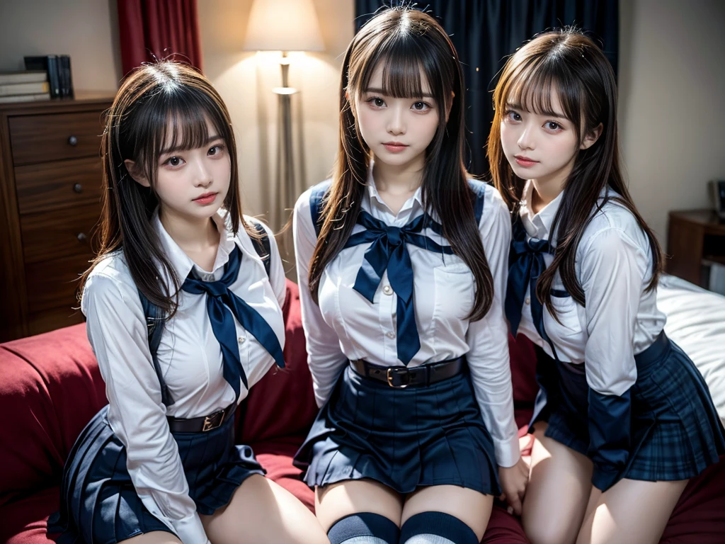 (8K, Raw photography, top-quality, ​masterpiece:1.2), master piece, best quality, illustration, Super detailed, fine details, High resolution, 8K,wall paper, perfect dynamic composition,(Details High quality, realistic depiction of eyes:1.3), ((2 girls, 2 schoolgirls)), The background is a luxury hotel room、High school girl uniform、blazer 、Super Short Check Uniform Skirt、Navy blue high socks、garterbelts、Colossal tits、Disturbed uniform, Play with each other,Touching each other's bodies,Touching the body of the girl next door, short bob hair, black hair color, huge breasts, Big Natural Color Lip, bold sexy pose, (perfect body shape), crying a little、cold gaze,  Beautiful makeup,glitter makeup,Cutest 18 years old, beautiful legs, hposing Gravure Idol, Voluptuous thighs