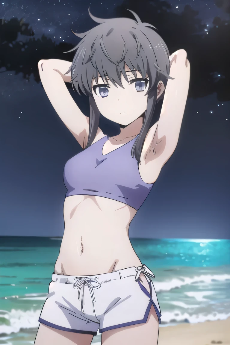 solo, 1girl, looking at viewer, 2D, anime, anime coloring, shizuku kiyayama, gray bikini, white shorts, (cowboy shot:1.5), solo, night sky, beach, arms behind head, contrapposto, spread armpits, looking at viewer, best quality, closed mouth, expressionless