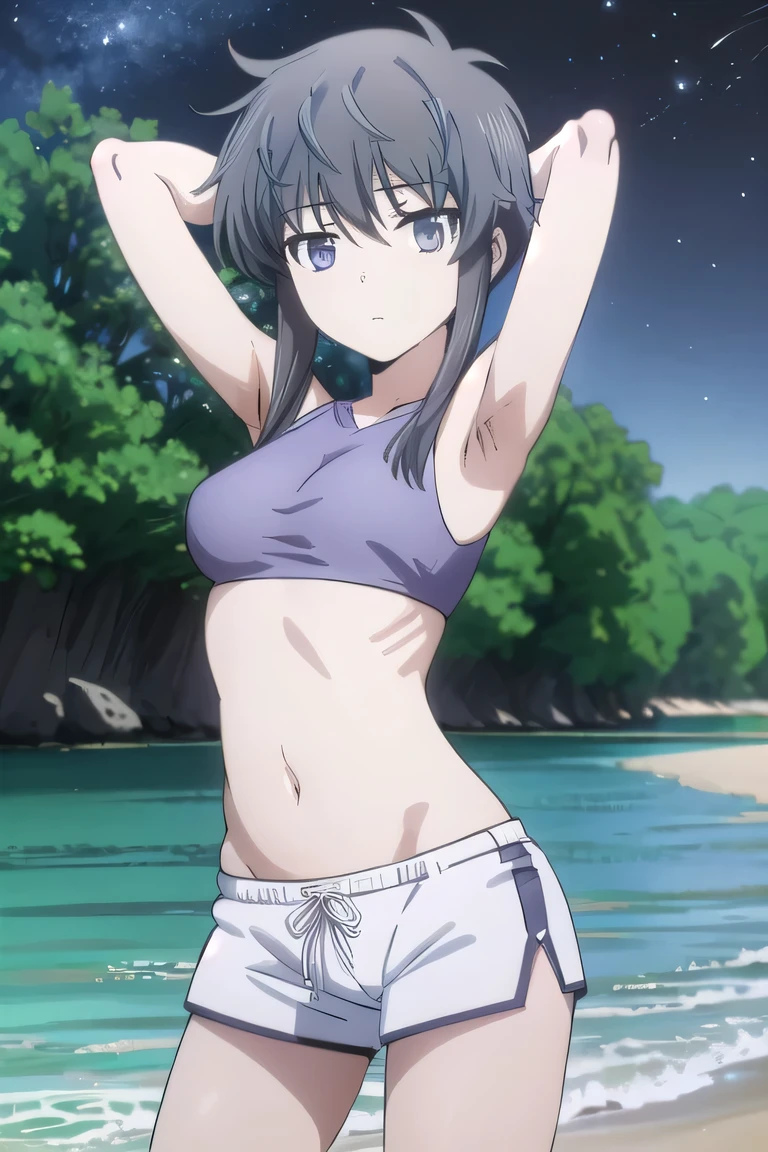 solo, 1girl, looking at viewer, 2D, anime, anime coloring, shizuku kiyayama, gray bikini, white shorts, (cowboy shot:1.5), solo, night sky, beach, arms behind head, contrapposto, spread armpits, looking at viewer, best quality, closed mouth, expressionless