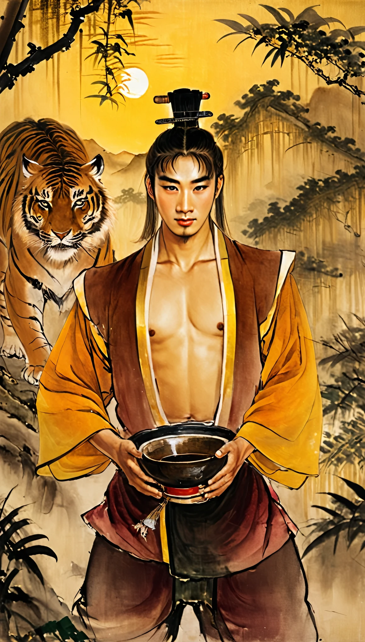 a man in traditional chinese song dynasty clothing, 28 years old, muscular build, holding a wine bowl, intense gaze, rugged appearance, surrounded by jungle, golden sunset light through the trees illuminating his resolute face, unconscious tiger nearby, blending of chinese ink painting and western oil painting styles, vibrant colors, grand and imposing