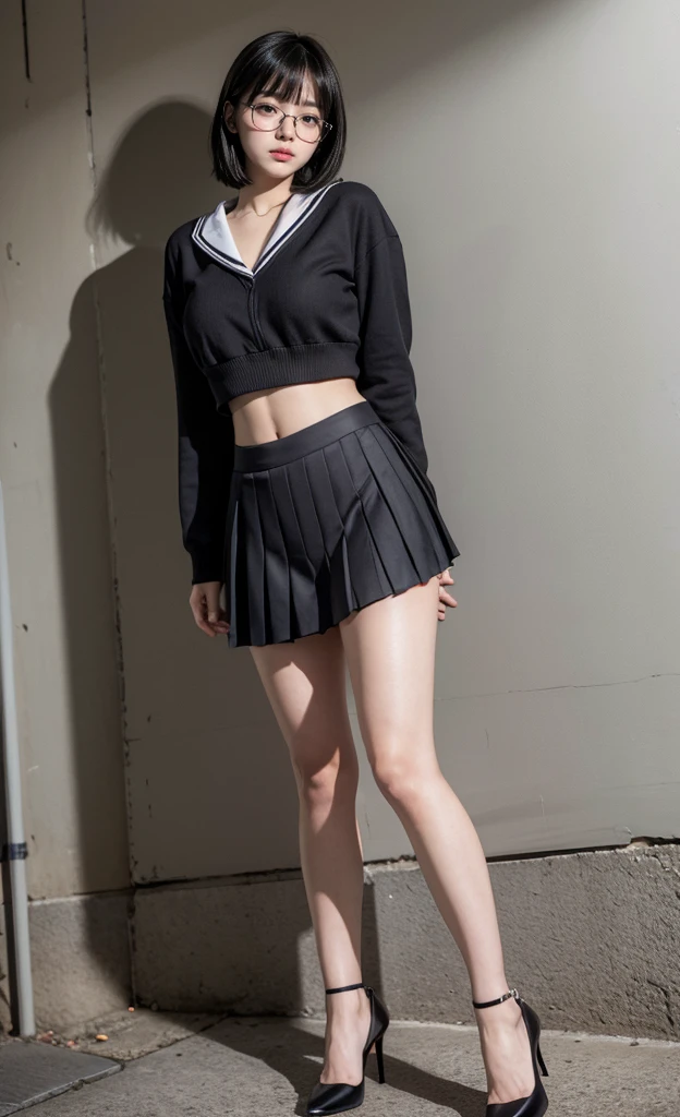 detailed_background, realistic, full body, 1girl, eye glasses, blushes, dark alley, black hair, straight bob hair, bangs, cleavage, big bust, crotch_belly, crotch, small waist, bare legs, thighs, thicc_thights, knees, black high heels, crop top sailor uniform, pleated skirt,