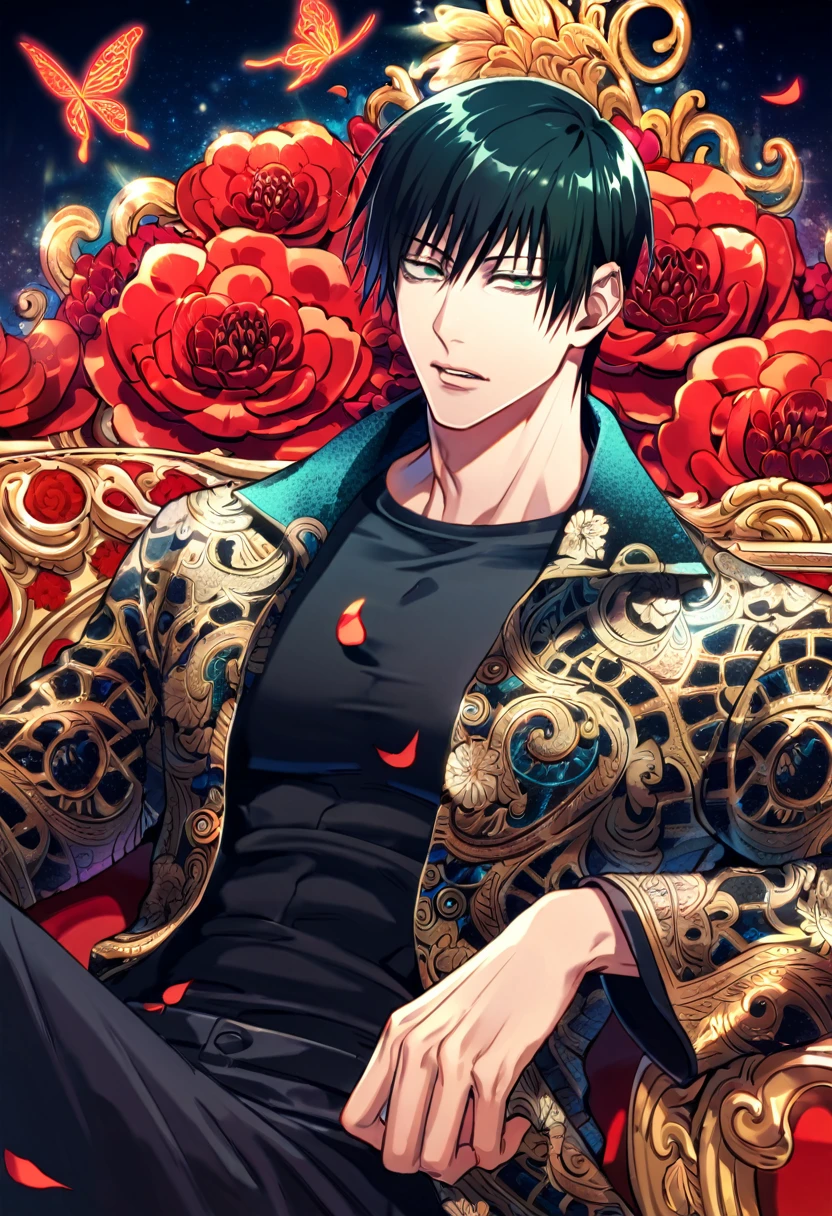 Ultra detailed, HDR, Highres, absurdres, master piece, Fushiguro Touji, black straight hair, expressive green eyes, Jujutsu Kaisen, red glittering butterflies, petals, fantasy, red flowers, sexy man, solo, extremely detailed face and eyes, handsome, glittering, toned chest, black coat with patterns, black tight shirt, scar on his right lip, black pants, sitting