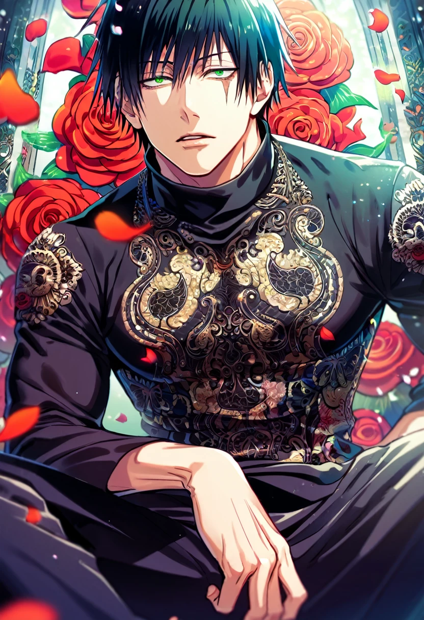 Ultra detailed, HDR, Highres, absurdres, master piece, Fushiguro Touji, black straight hair, expressive green eyes, Jujutsu Kaisen, red glittering butterflies, petals, fantasy, red flowers, sexy man, solo, extremely detailed face and eyes, handsome, glittering, toned chest, black coat with patterns, black tight shirt, scar on his right lip, black pants, sitting
